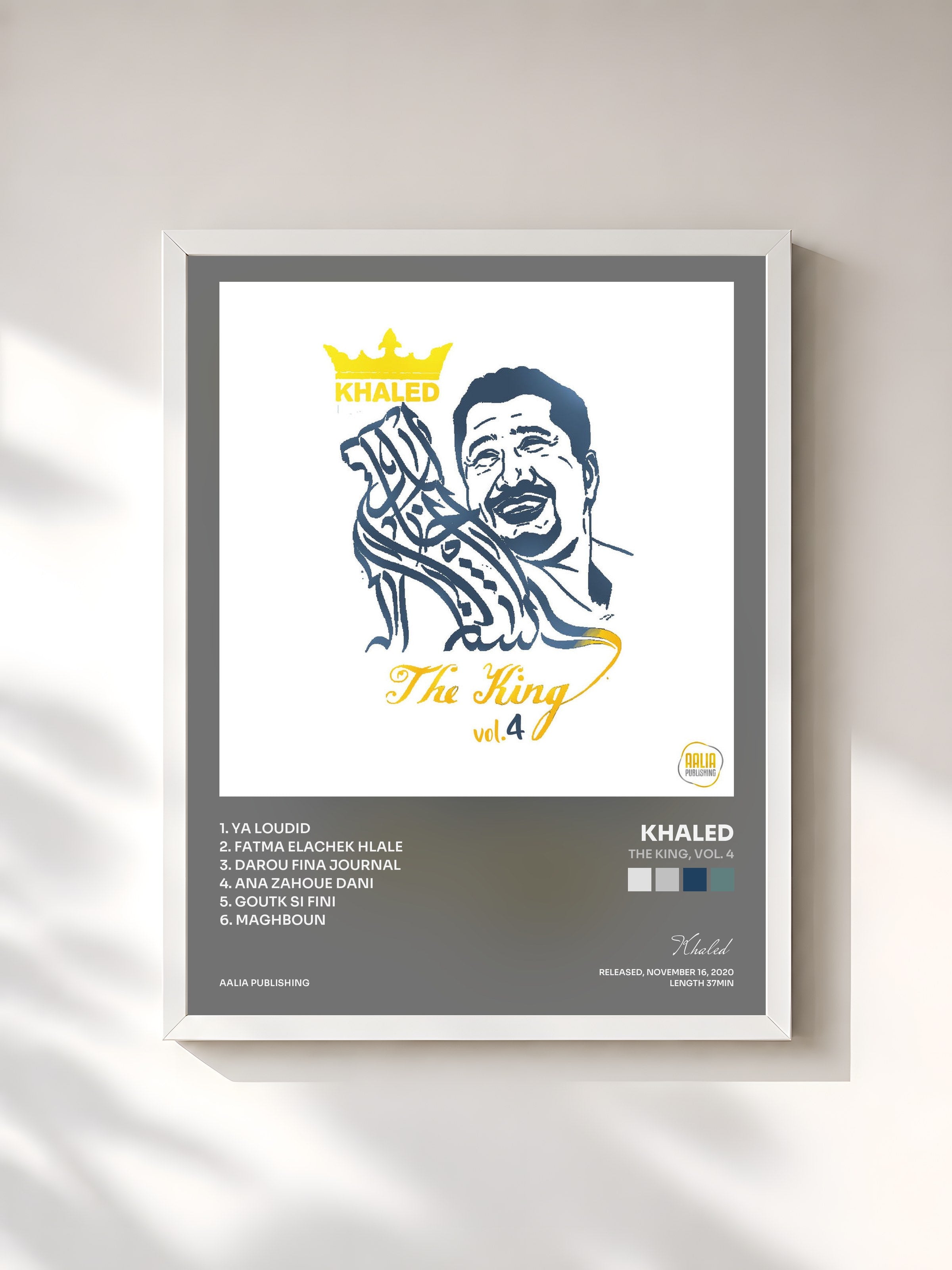 #blanc Tableau de l'album The King, Vol. 4 de Khaled, cadre blanc, imprimé et encadré en France