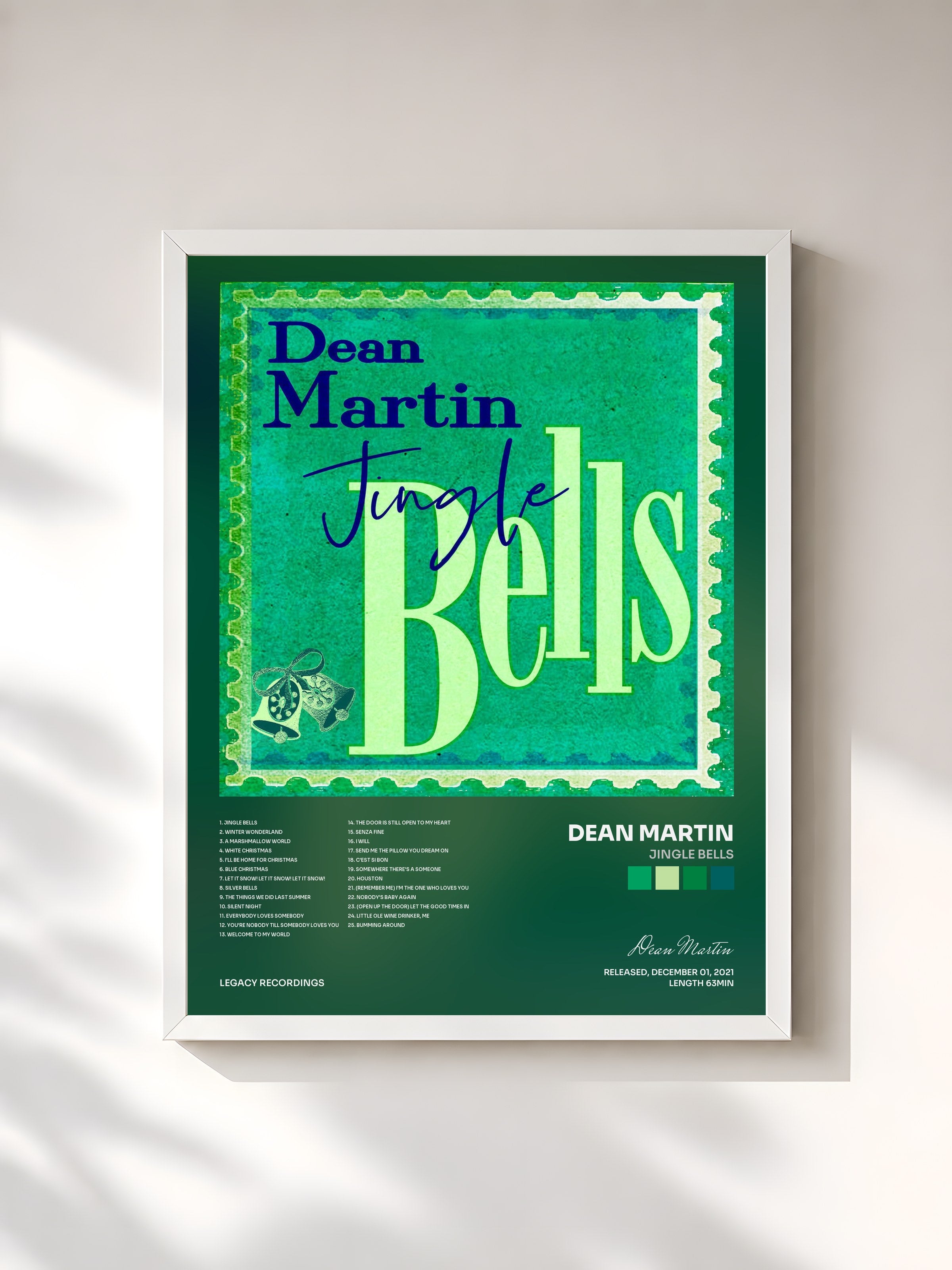 #blanc Tableau de l'album Jingle Bells de Dean Martin, cadre blanc, imprimé et encadré en France