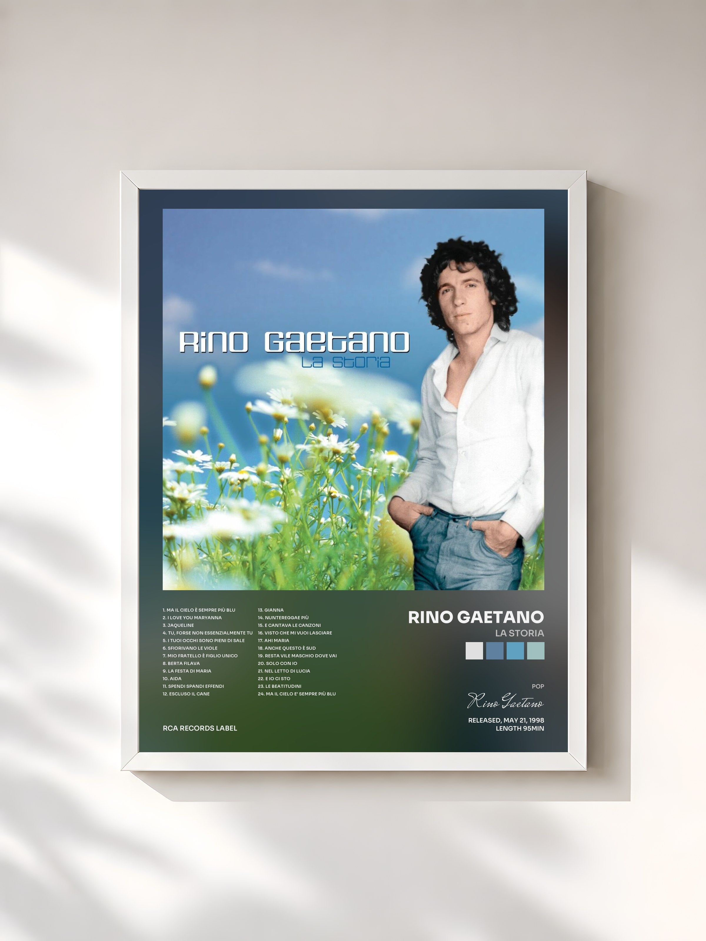 #blanc Tableau de l'album La Storia de Rino Gaetano, cadre blanc, imprimé et encadré en France
