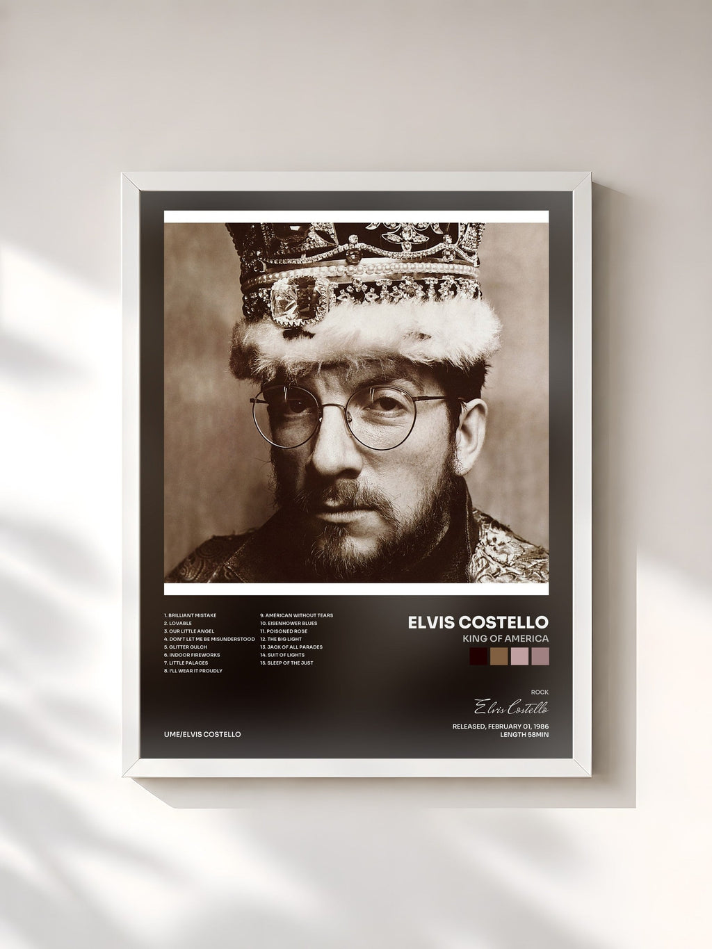 #blanc King Of America by Elvis Costello as a framed art print, white frame, printed and framed in France