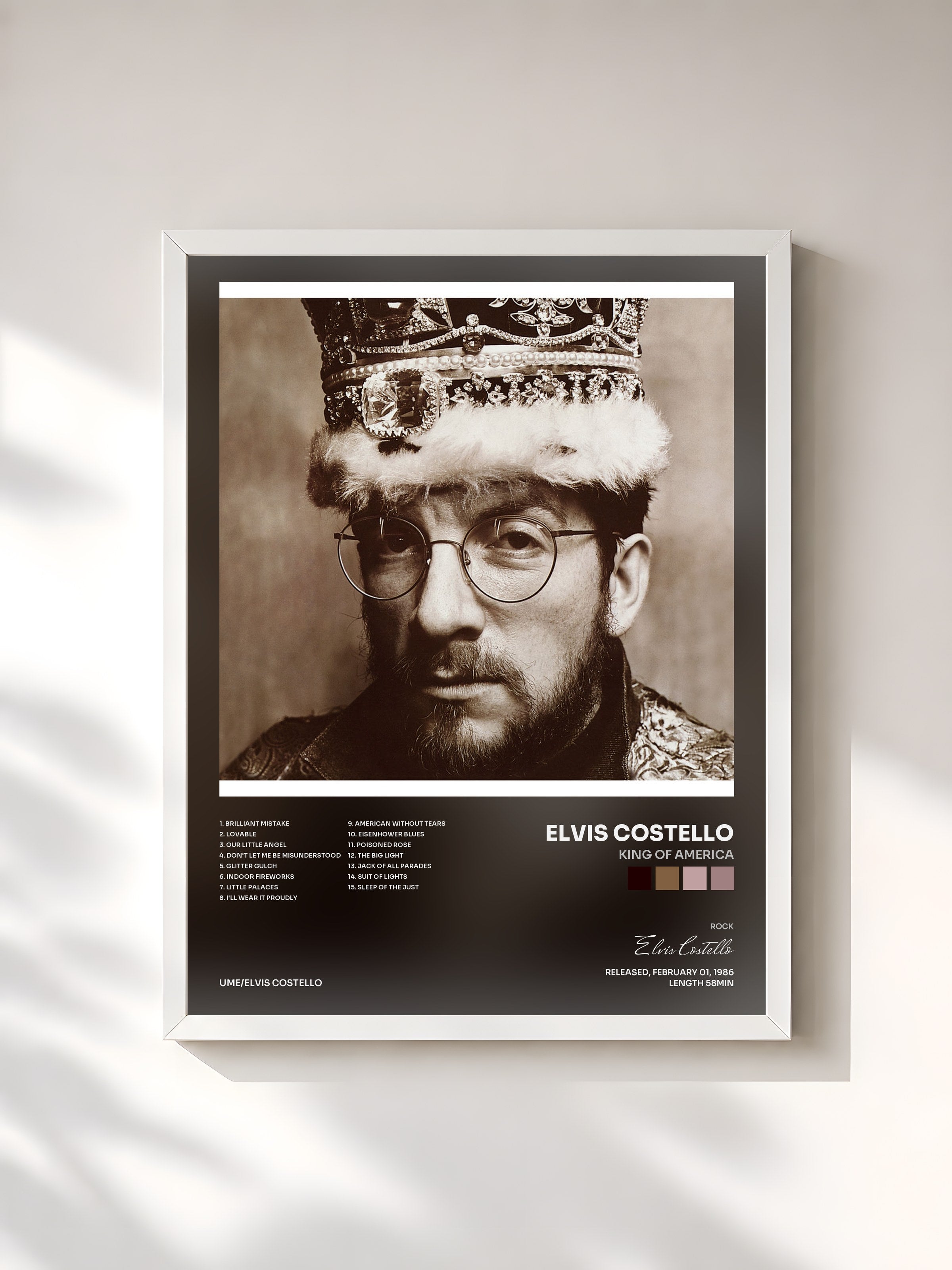 #blanc Tableau de l'album King Of America de Elvis Costello, cadre blanc, imprimé et encadré en France