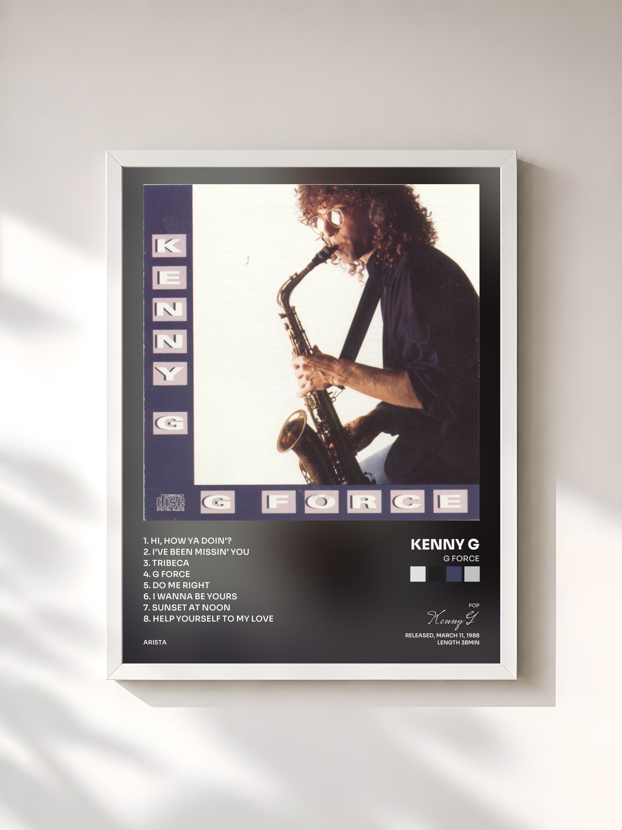 #blanc Tableau de l'album G Force de Kenny G, cadre blanc, imprimé et encadré en France