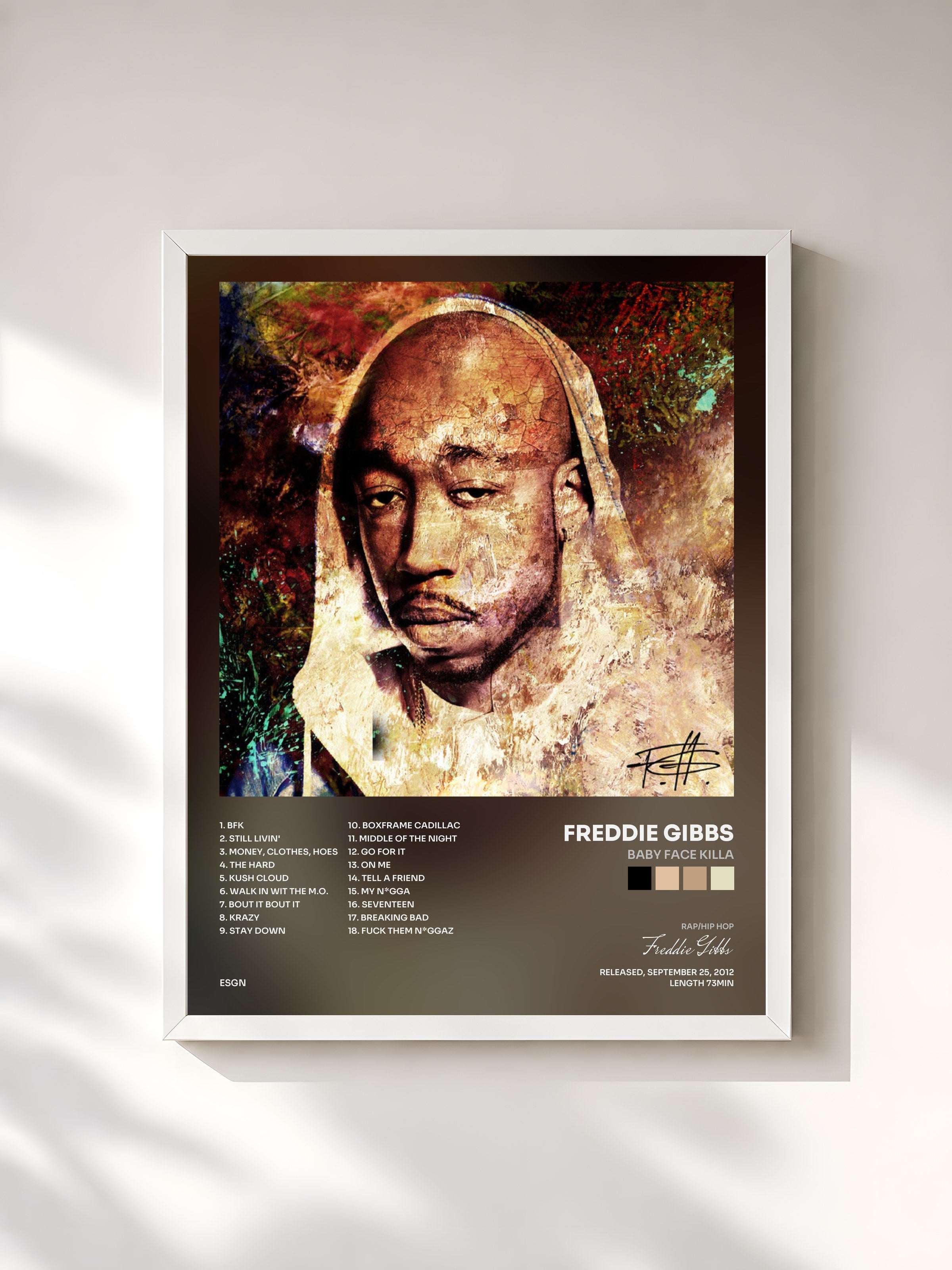 #blanc Tableau de l'album Baby Face Killa de Freddie Gibbs, cadre blanc, imprimé et encadré en France