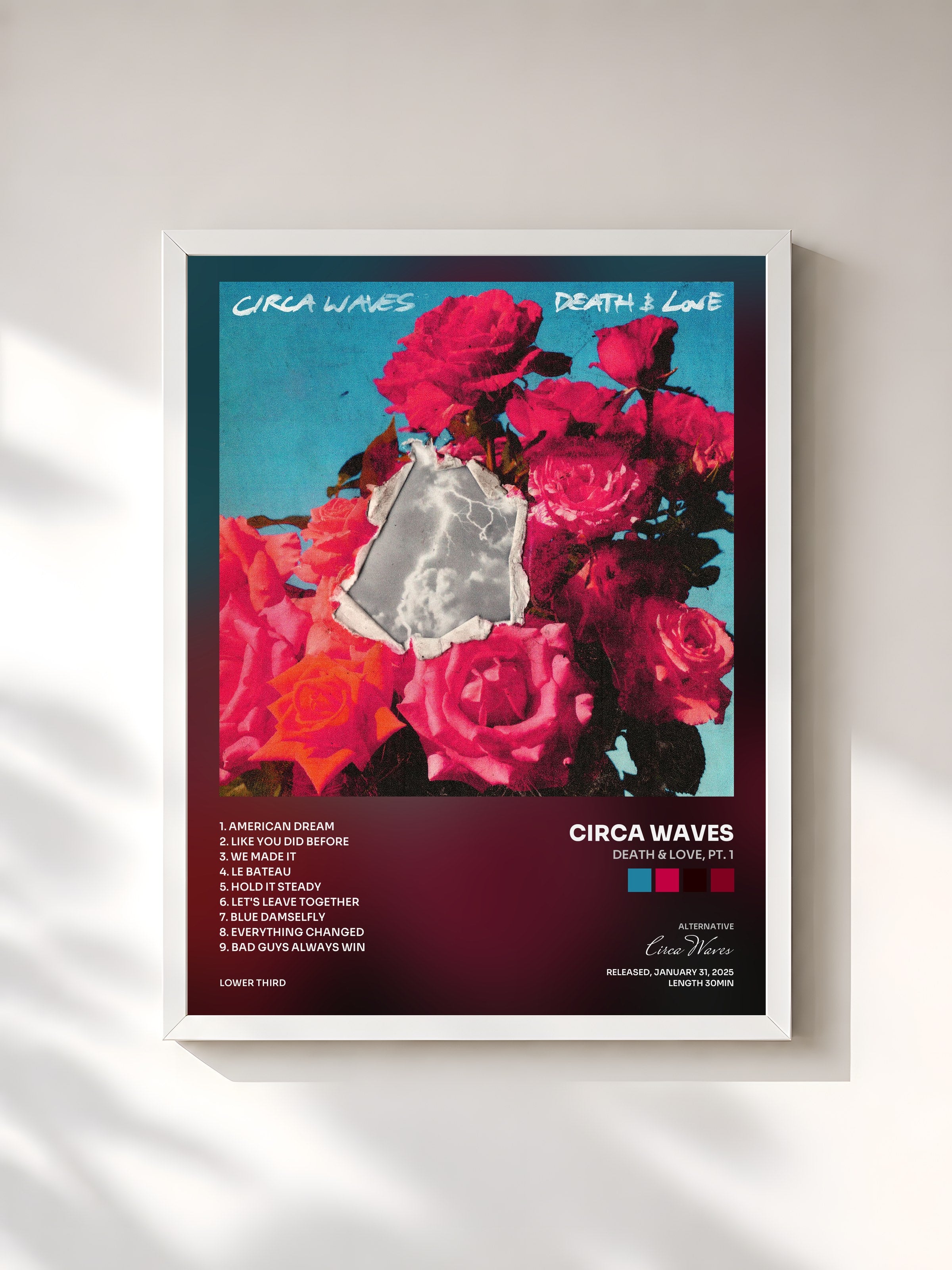 #blanc Tableau de l'album Death & Love, Pt. 1 de Circa Waves, cadre blanc, imprimé et encadré en France