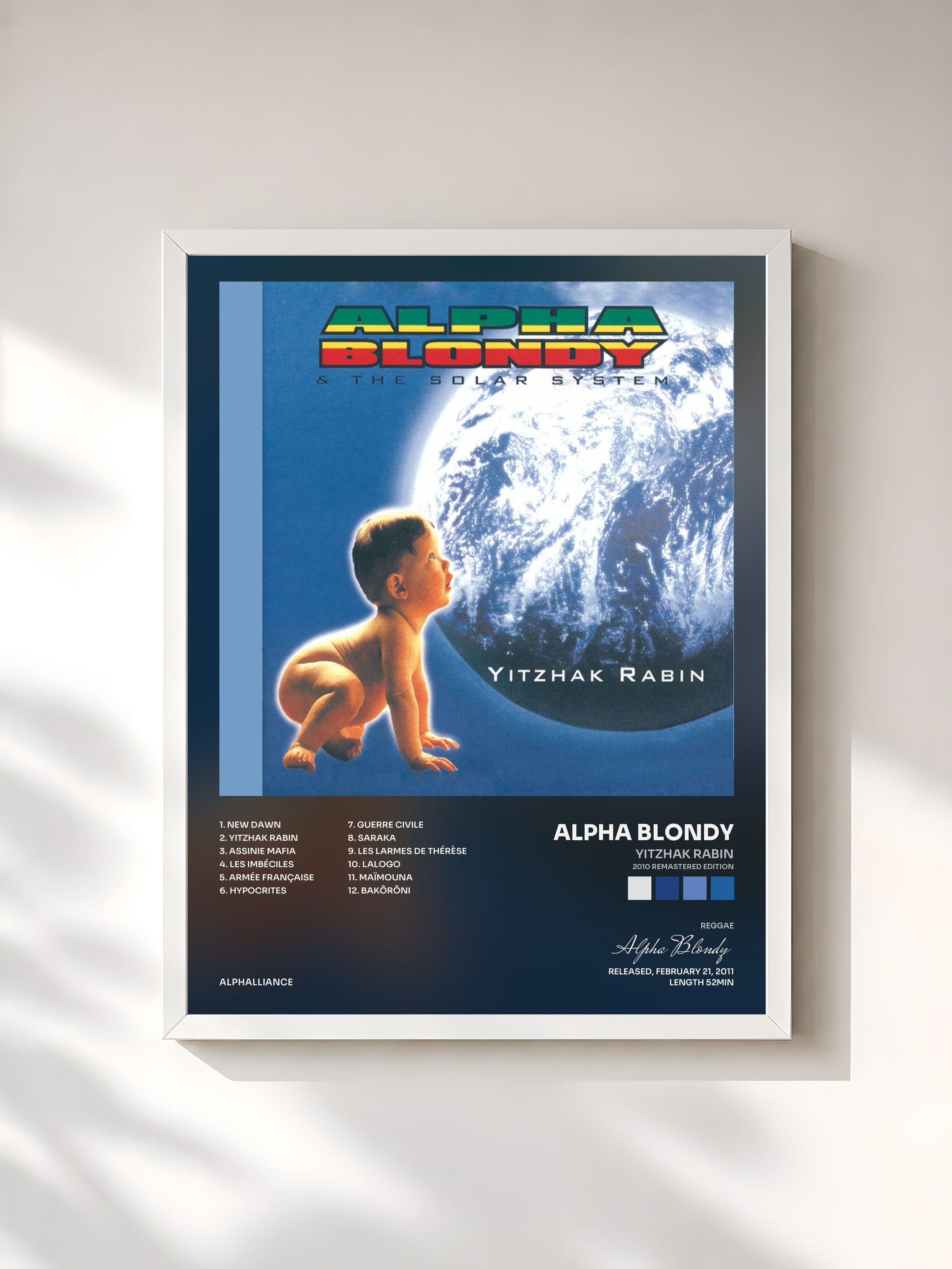 #blanc Tableau de l'album Yitzhak Rabin (2010 Remastered Edition) de Alpha Blondy, cadre blanc, imprimé et encadré en France