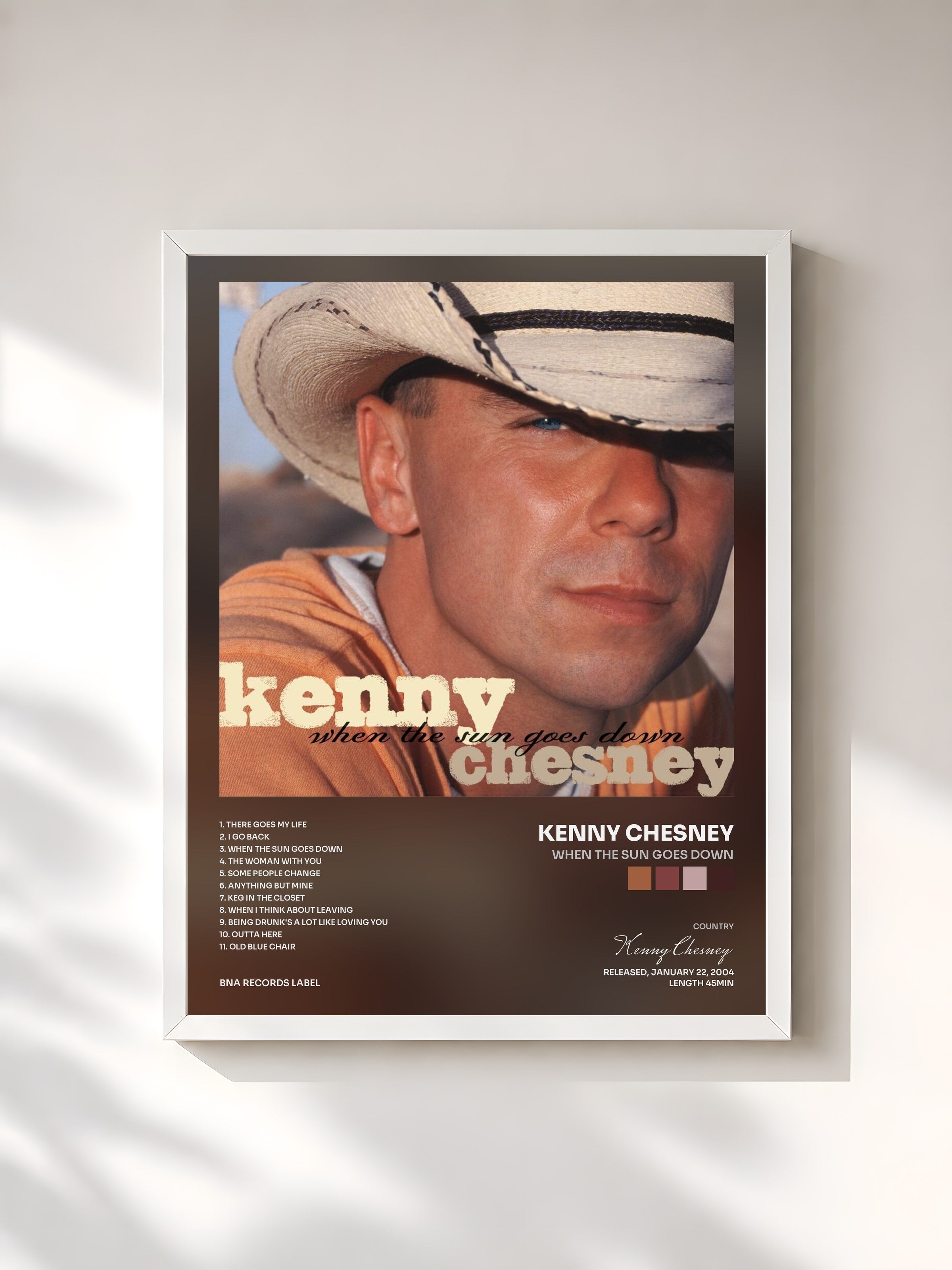 #blanc Tableau de l'album When The Sun Goes Down de Kenny Chesney, cadre blanc, imprimé et encadré en France