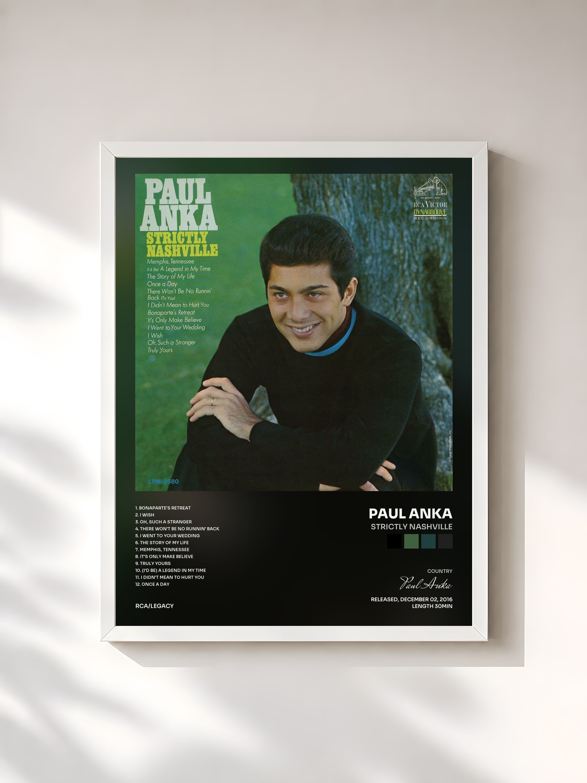#blanc Tableau de l'album Strictly Nashville de Paul Anka, cadre blanc, imprimé et encadré en France