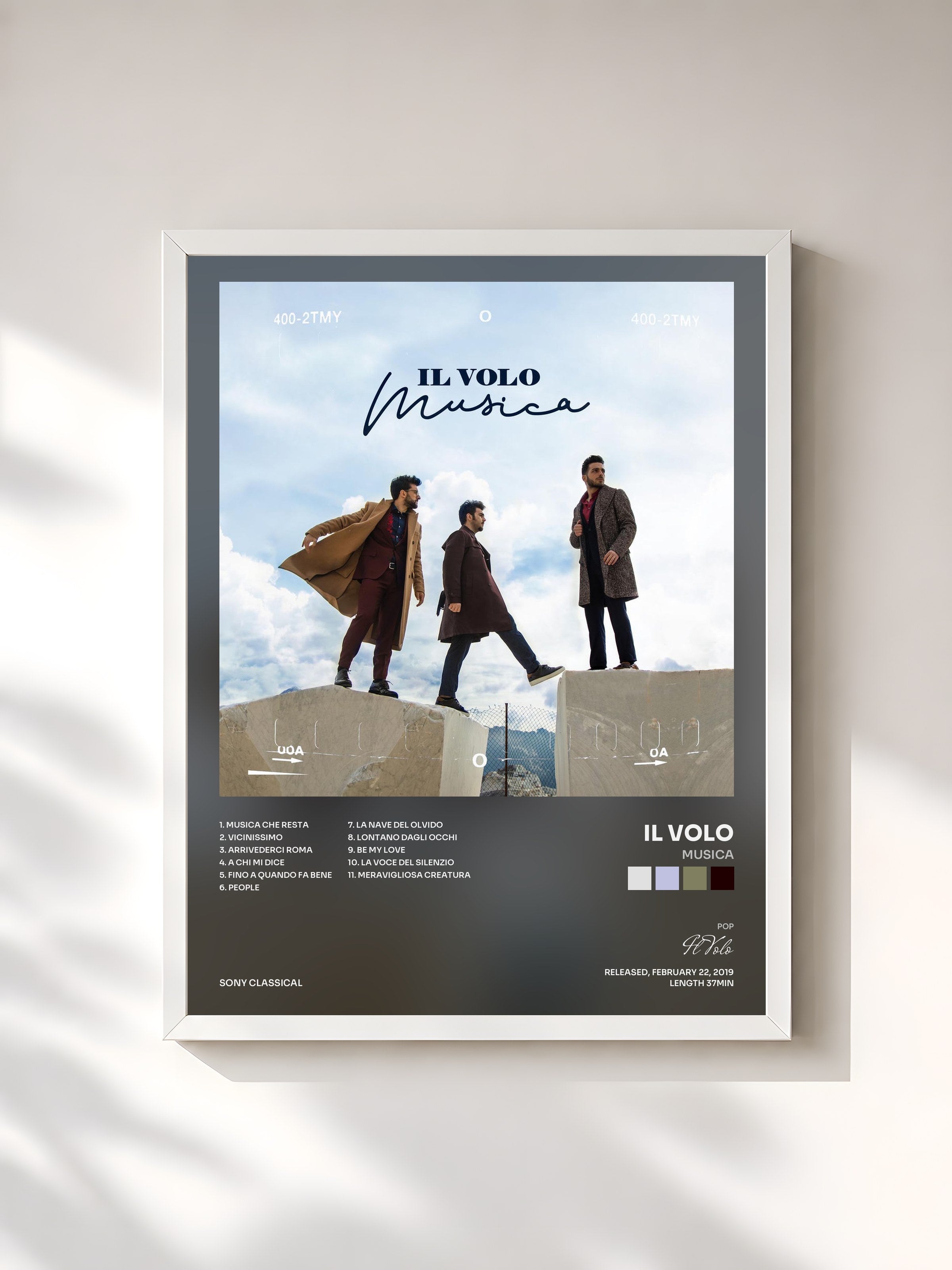 #blanc Tableau de l'album Musica de Il Volo, cadre blanc, imprimé et encadré en France