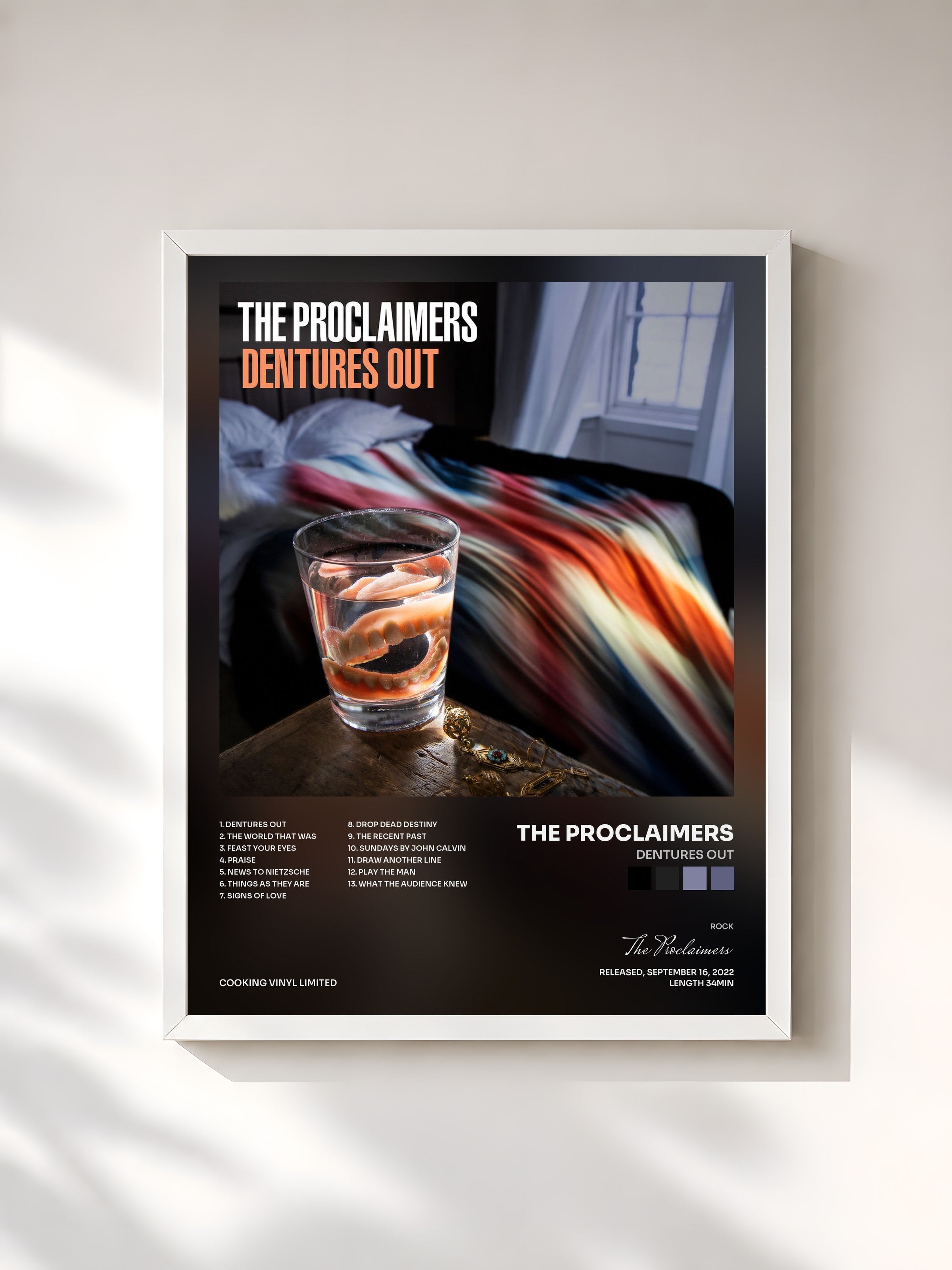 #blanc Tableau de l'album Dentures Out de The Proclaimers, cadre blanc, imprimé et encadré en France