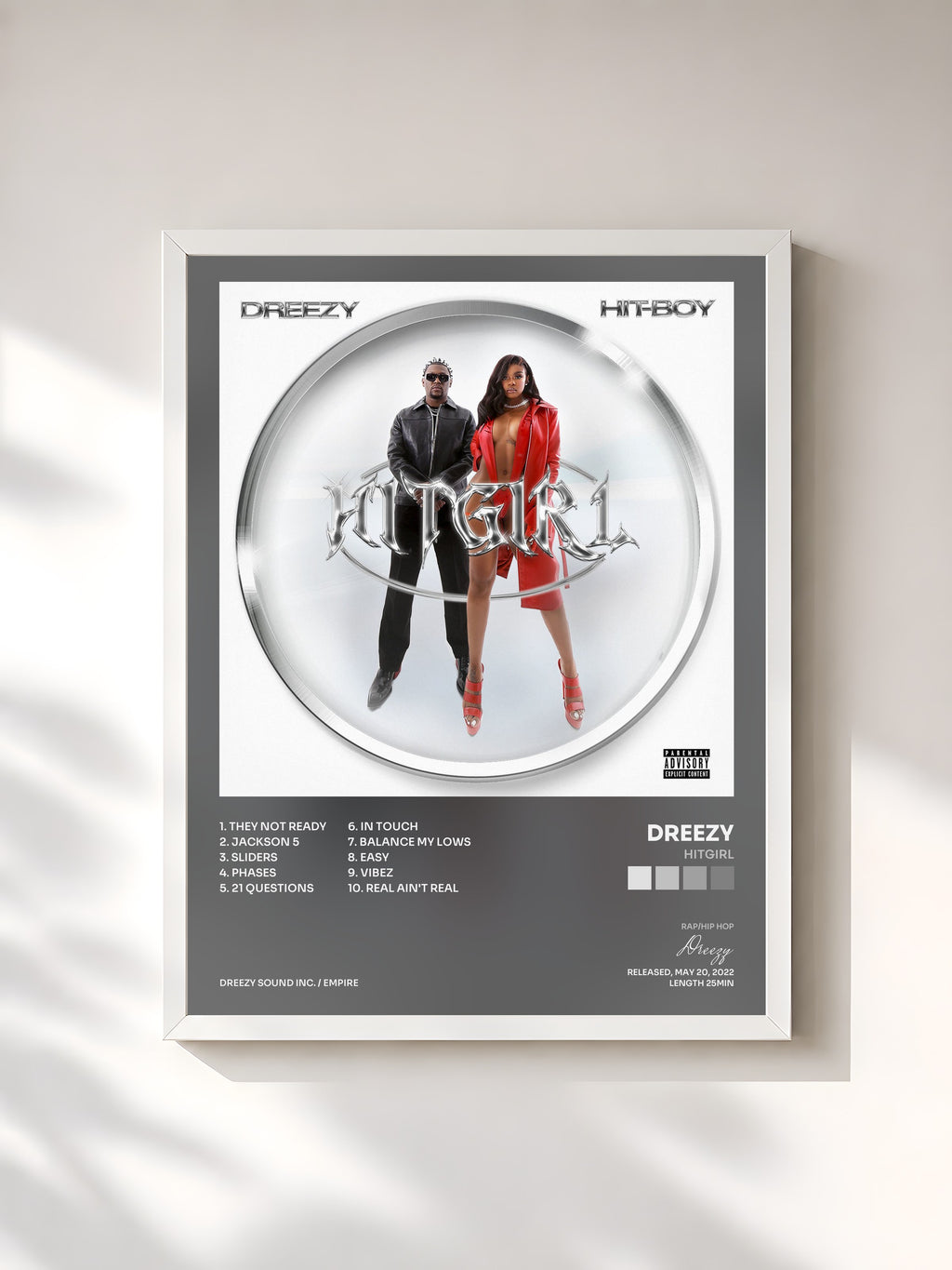 #blanc Tableau de l'album HITGIRL de Dreezy, cadre blanc, imprimé et encadré en France