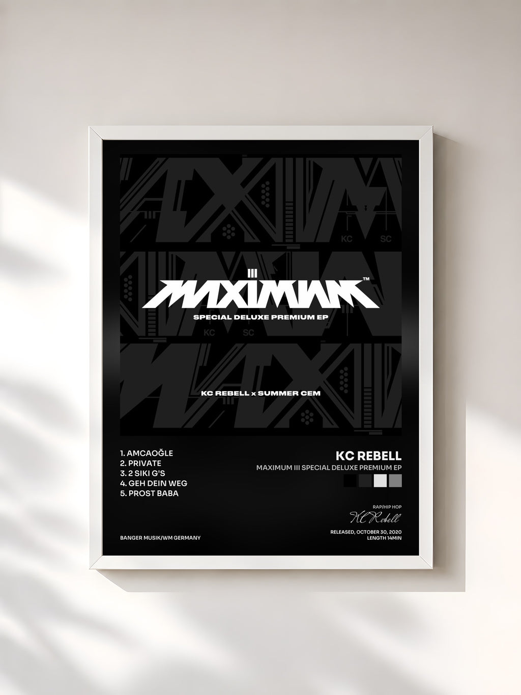 #blanc Tableau de l'album MAXIMUM III SPECIAL DELUXE PREMIUM EP de KC Rebell, cadre blanc, imprimé et encadré en France