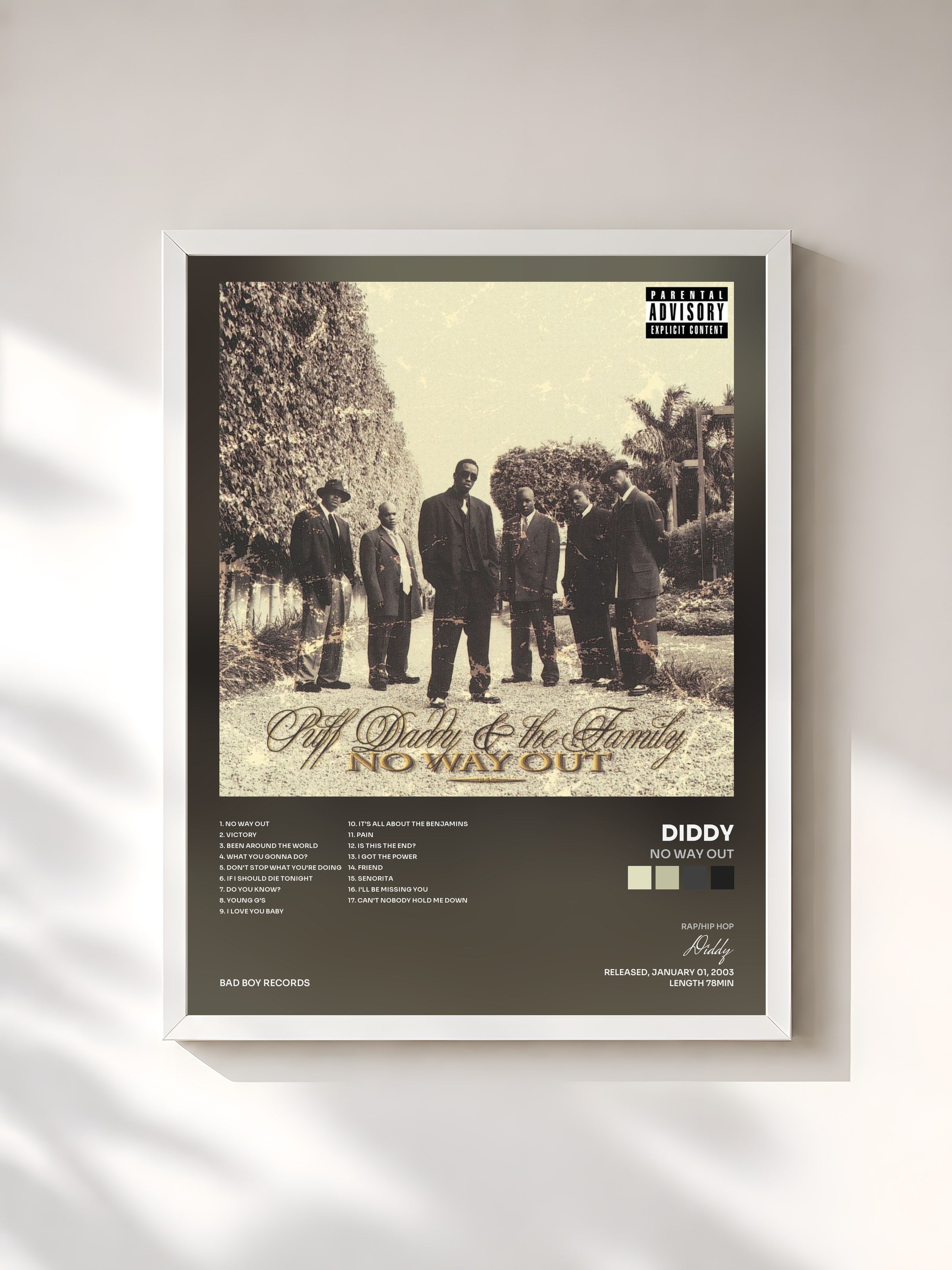 #blanc Tableau de l'album No Way Out de Diddy, cadre blanc, imprimé et encadré en France