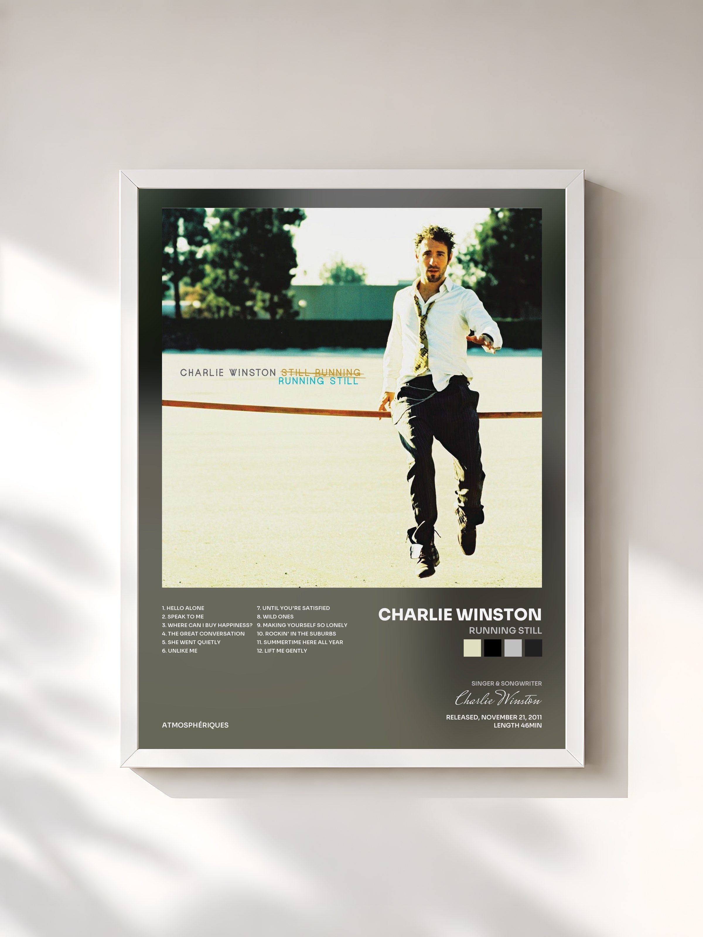 #blanc Tableau de l'album Running Still de Charlie Winston, cadre blanc, imprimé et encadré en France