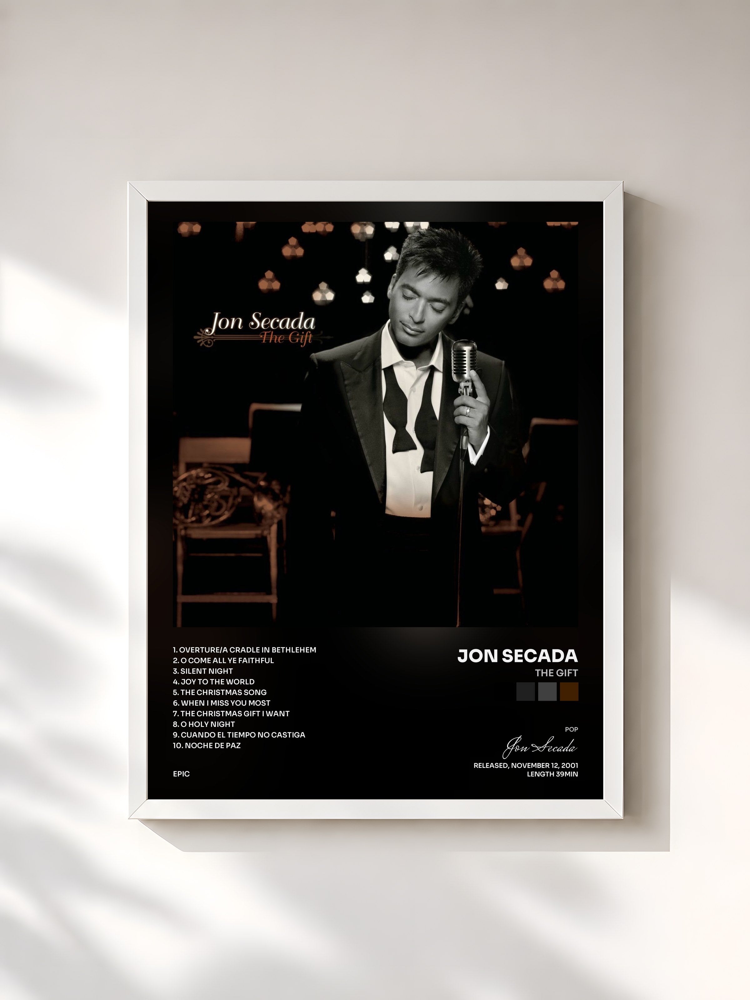 #blanc Tableau de l'album The Gift de Jon Secada, cadre blanc, imprimé et encadré en France