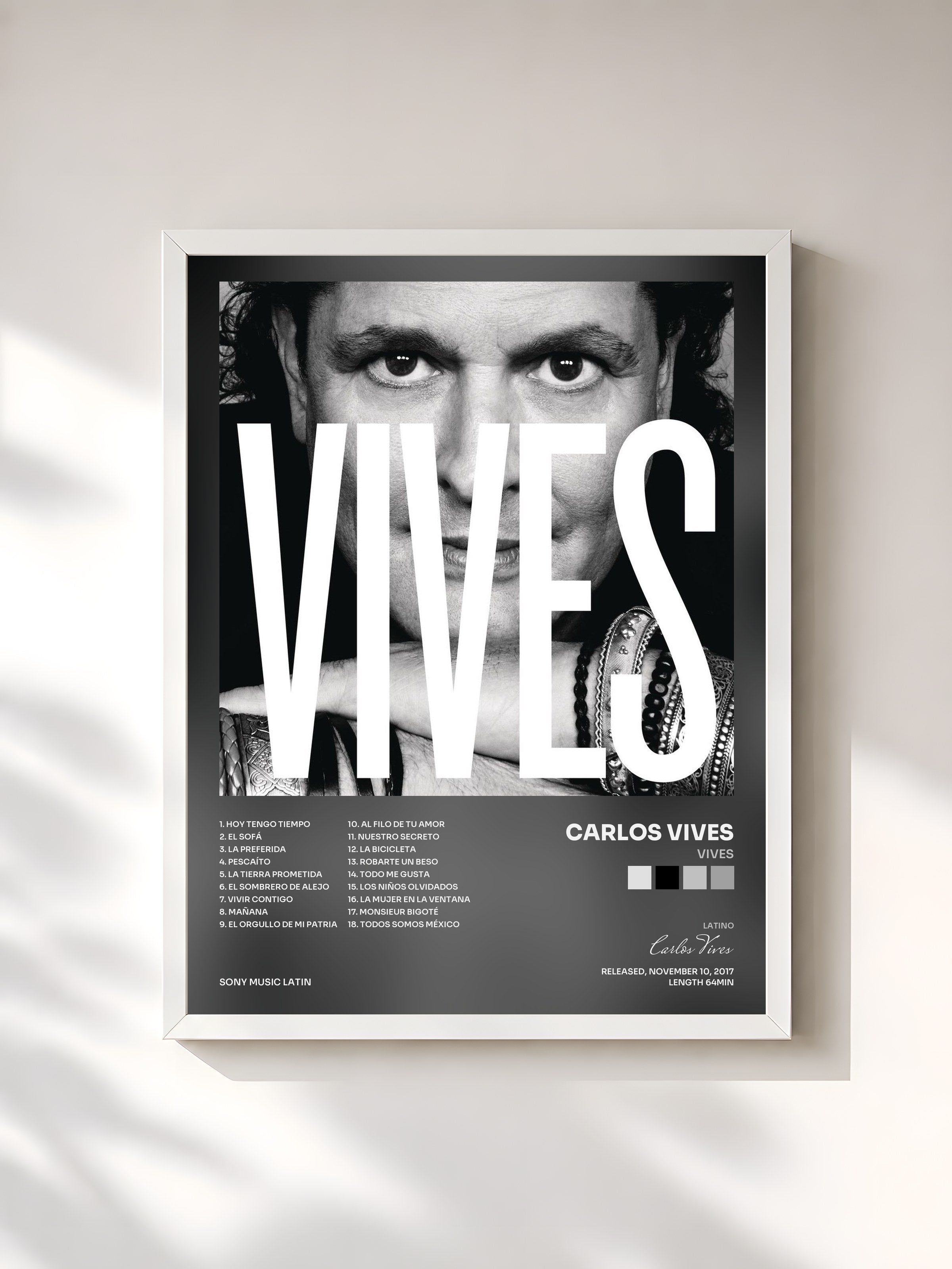#blanc Tableau de l'album VIVES de Carlos Vives, cadre blanc, imprimé et encadré en France