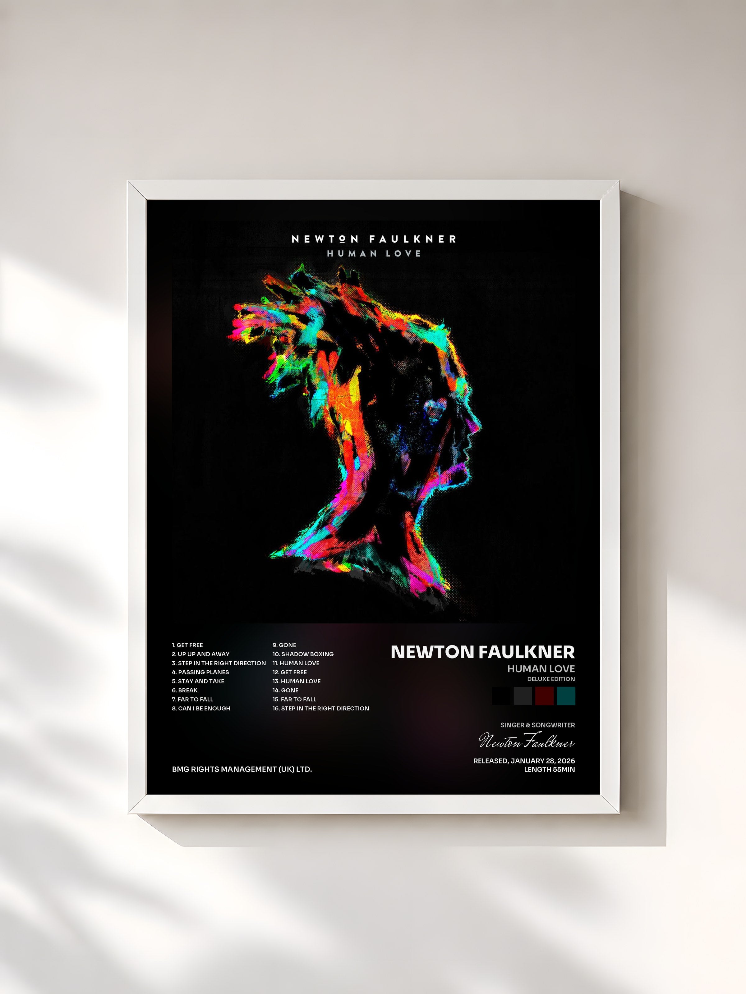 #blanc Tableau de l'album Human Love (Deluxe Edition) de Newton Faulkner, cadre blanc, imprimé et encadré en France
