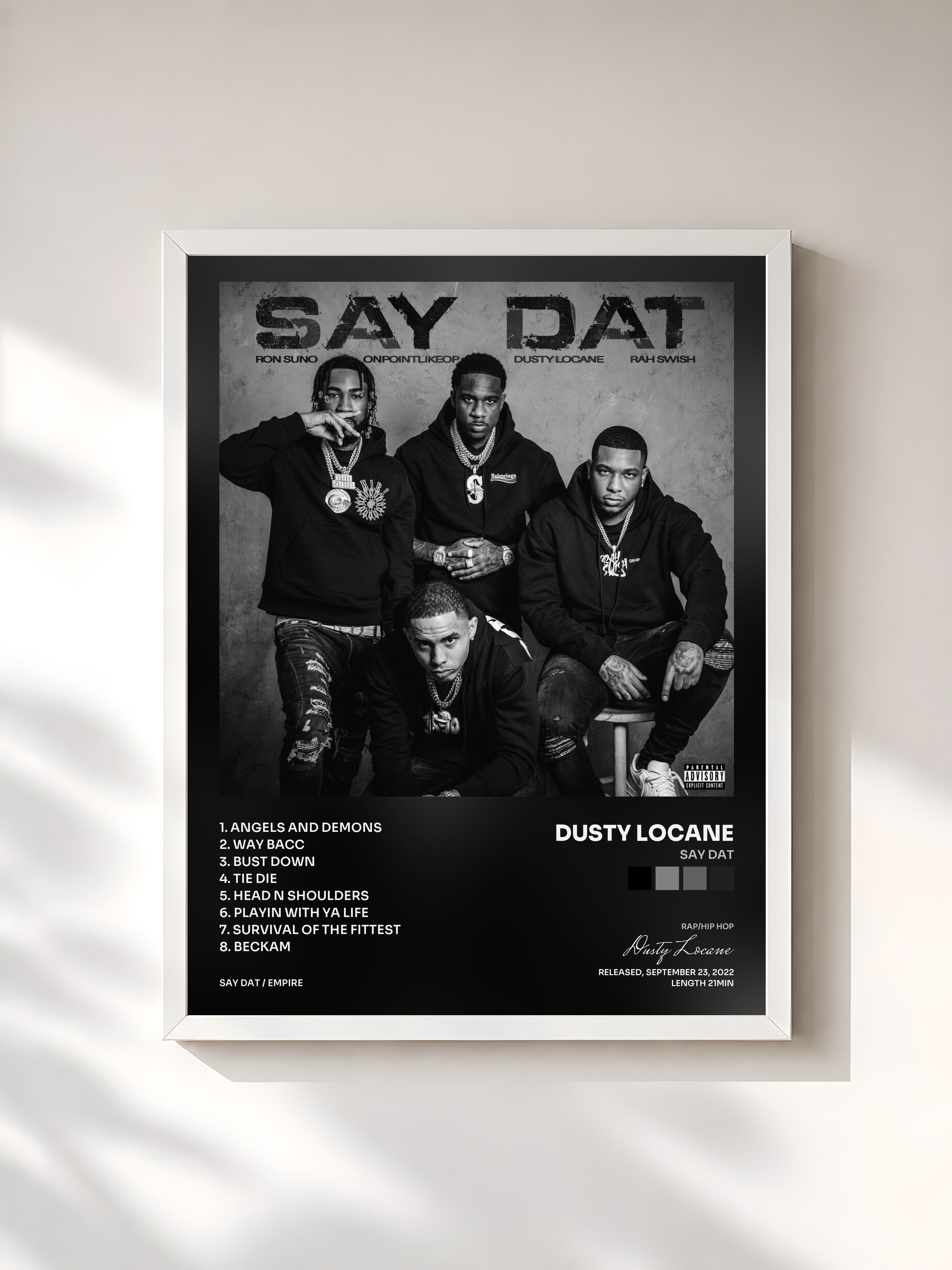 #blanc Tableau de l'album SAY DAT de Dusty Locane, cadre blanc, imprimé et encadré en France