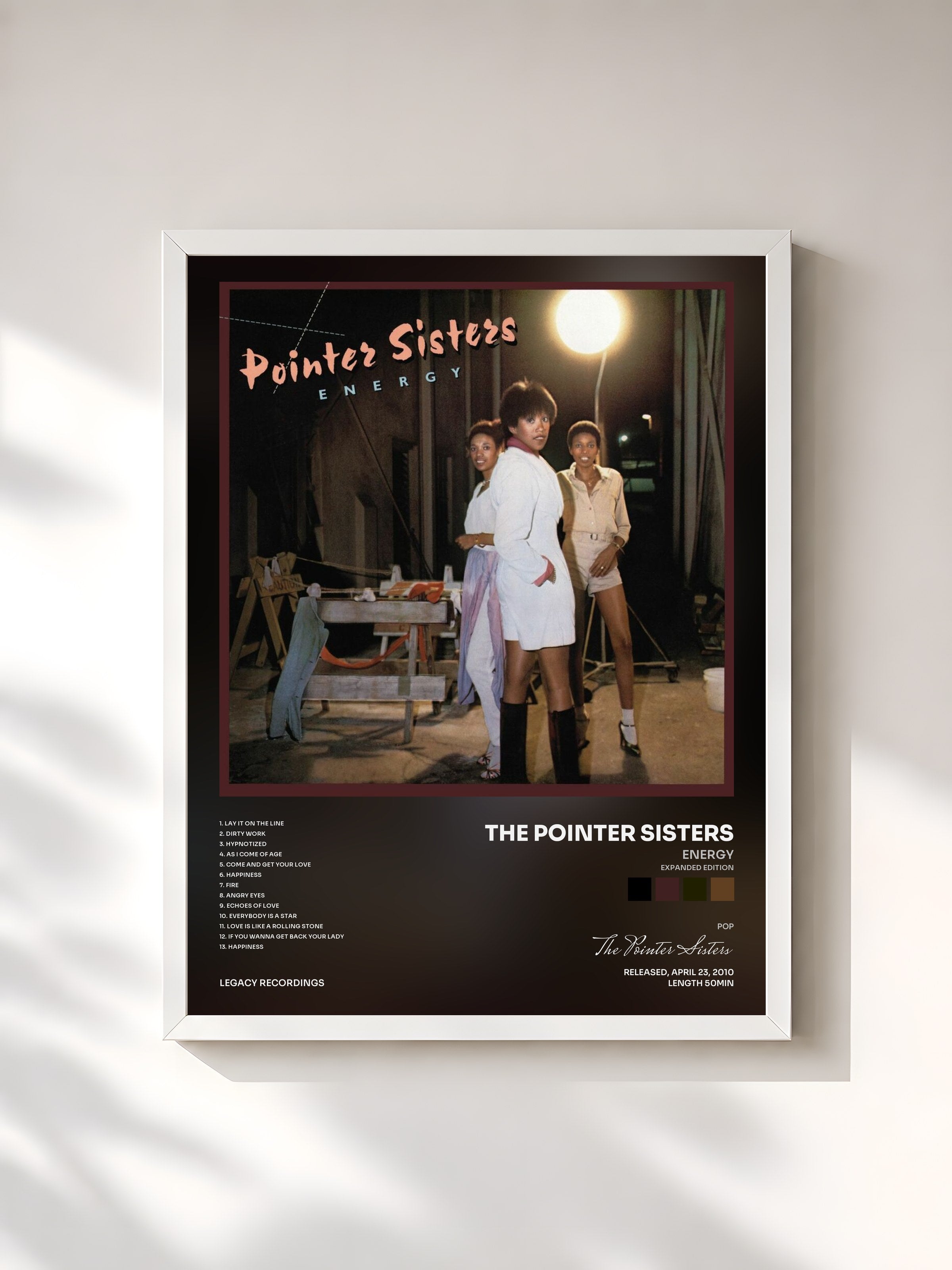#blanc Tableau de l'album Energy (Expanded Edition) de The Pointer Sisters, cadre blanc, imprimé et encadré en France
