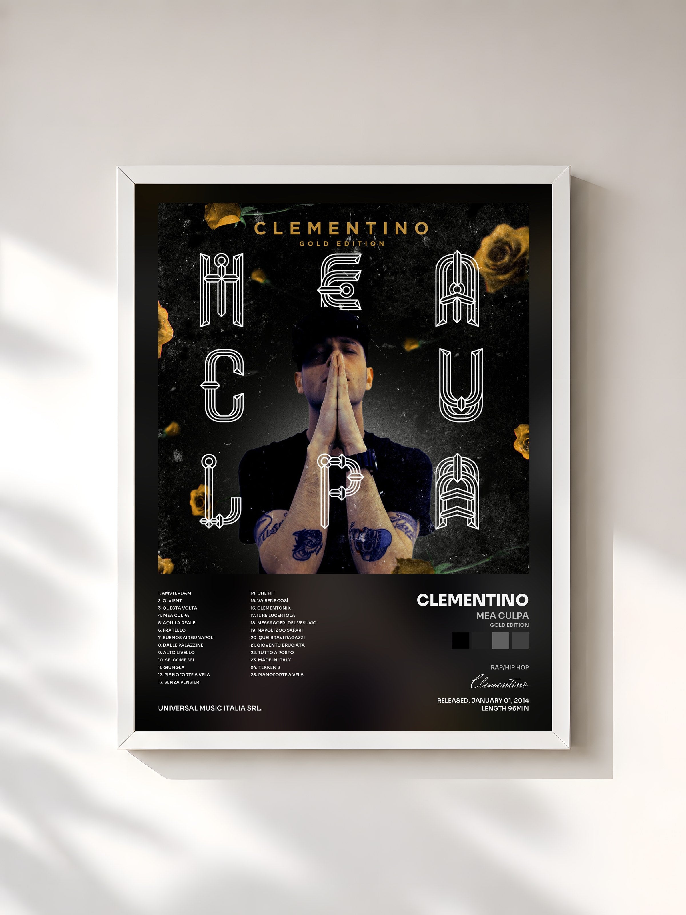 #blanc Tableau de l'album Mea Culpa (Gold Edition) de Clementino, cadre blanc, imprimé et encadré en France