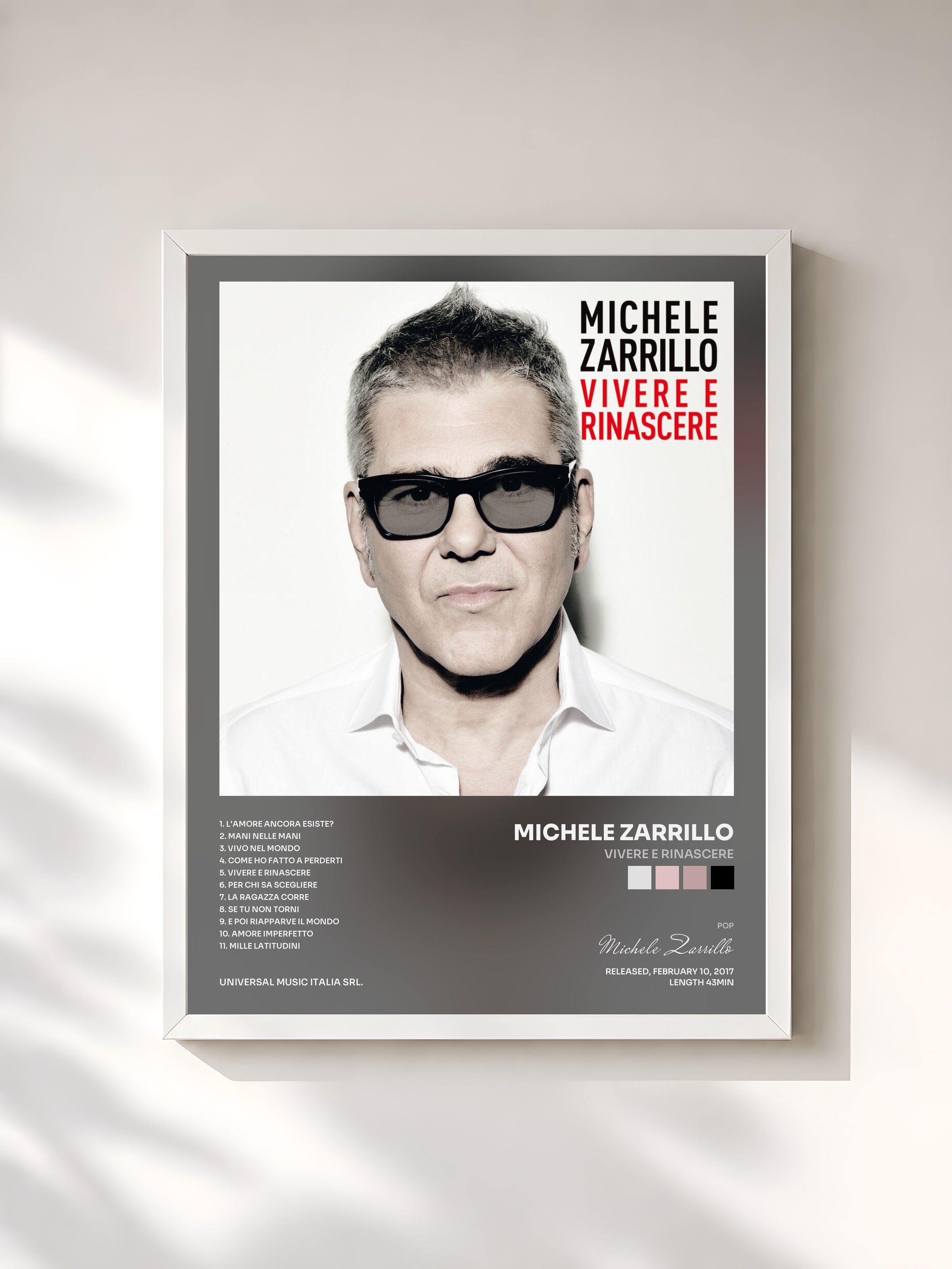 #blanc Tableau de l'album Vivere E Rinascere de Michele Zarrillo, cadre blanc, imprimé et encadré en France