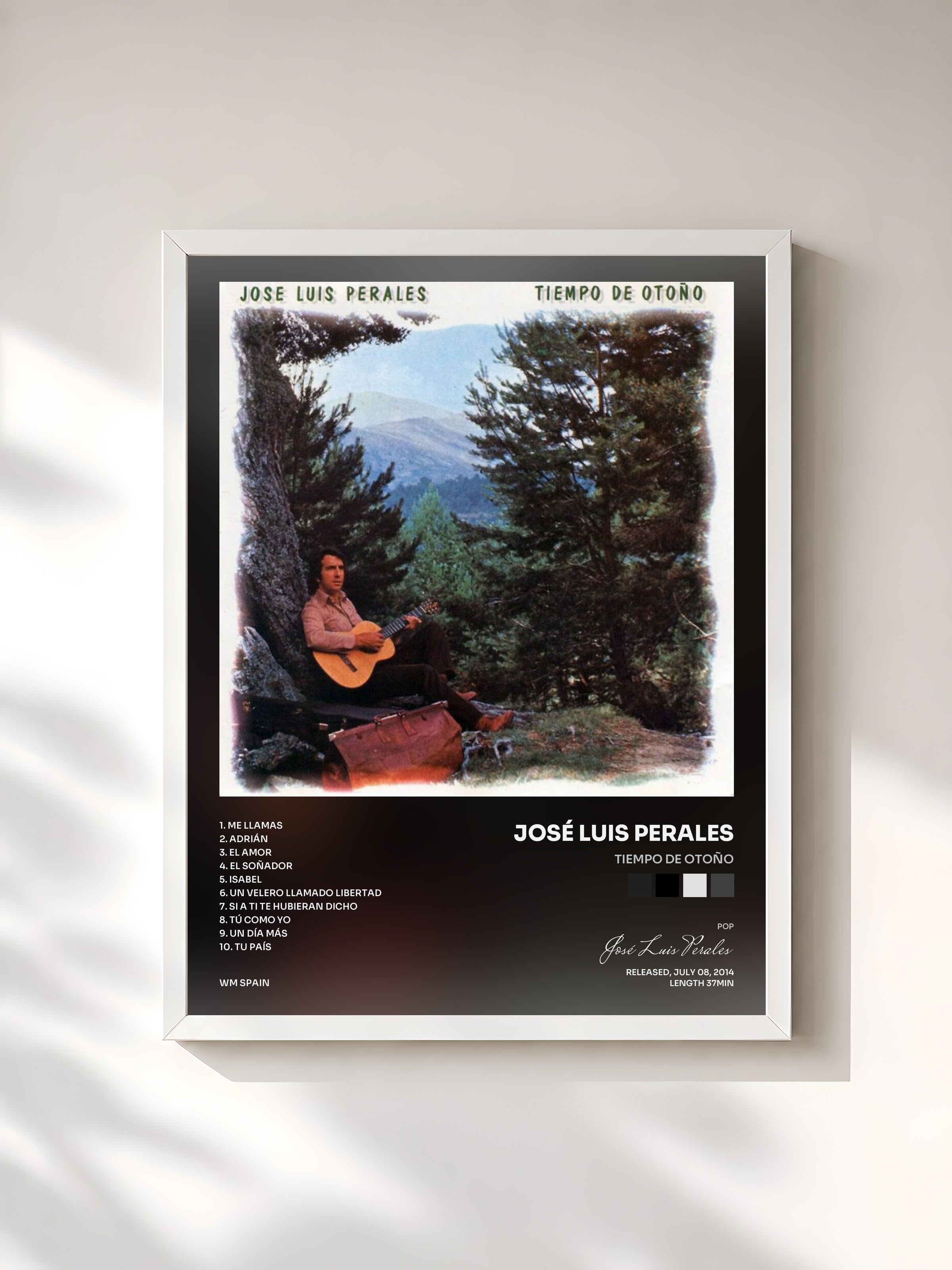 #blanc Tableau de l'album Tiempo de otoño de José Luis Perales, cadre blanc, imprimé et encadré en France