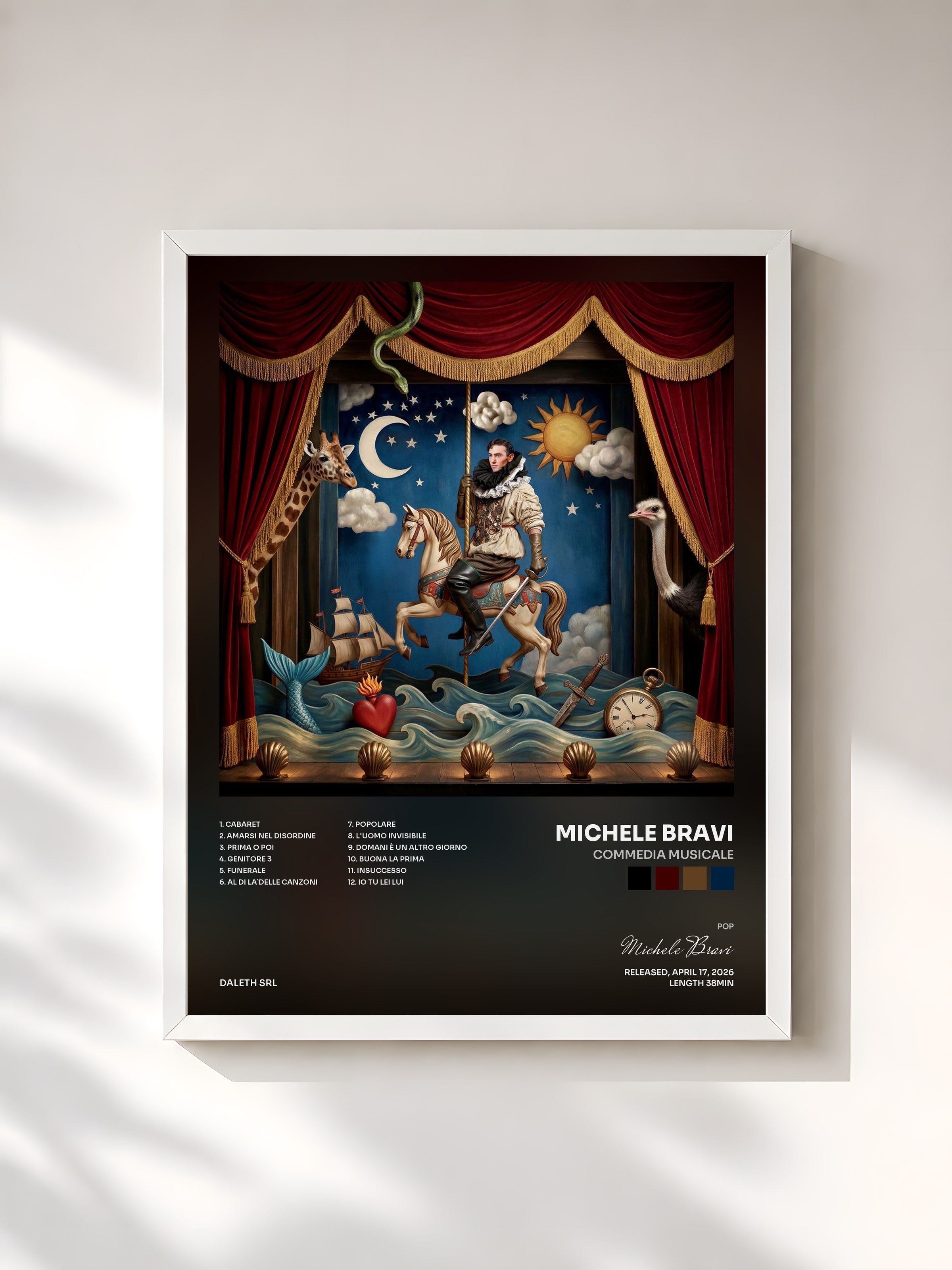 #blanc Tableau de l'album Commedia musicale de Michele Bravi, cadre blanc, imprimé et encadré en France
