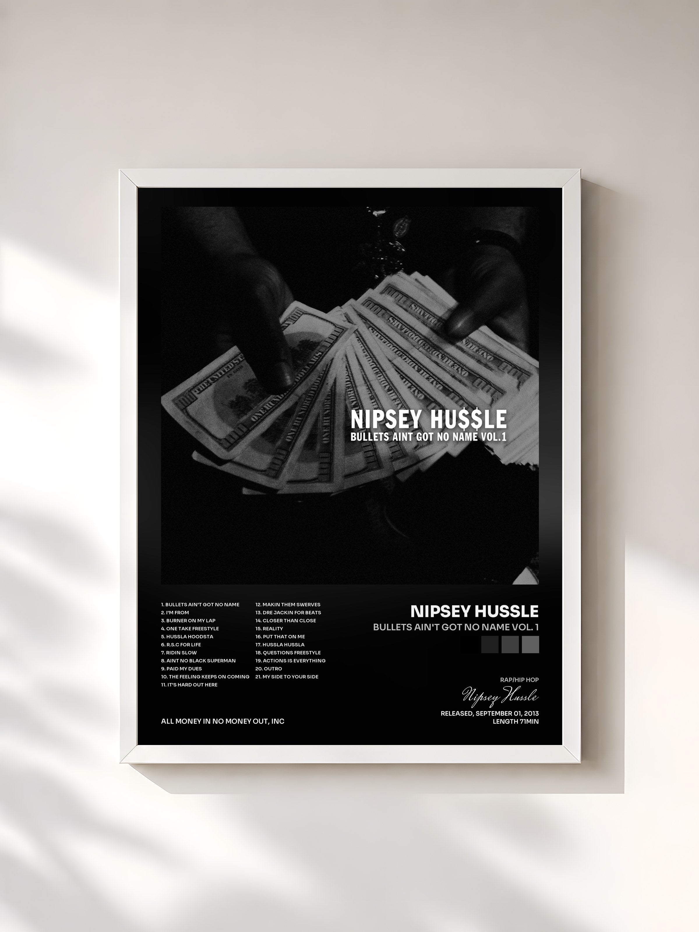 #blanc Tableau de l'album Bullets Ain't Got No Name Vol. 1 de Nipsey Hussle, cadre blanc, imprimé et encadré en France
