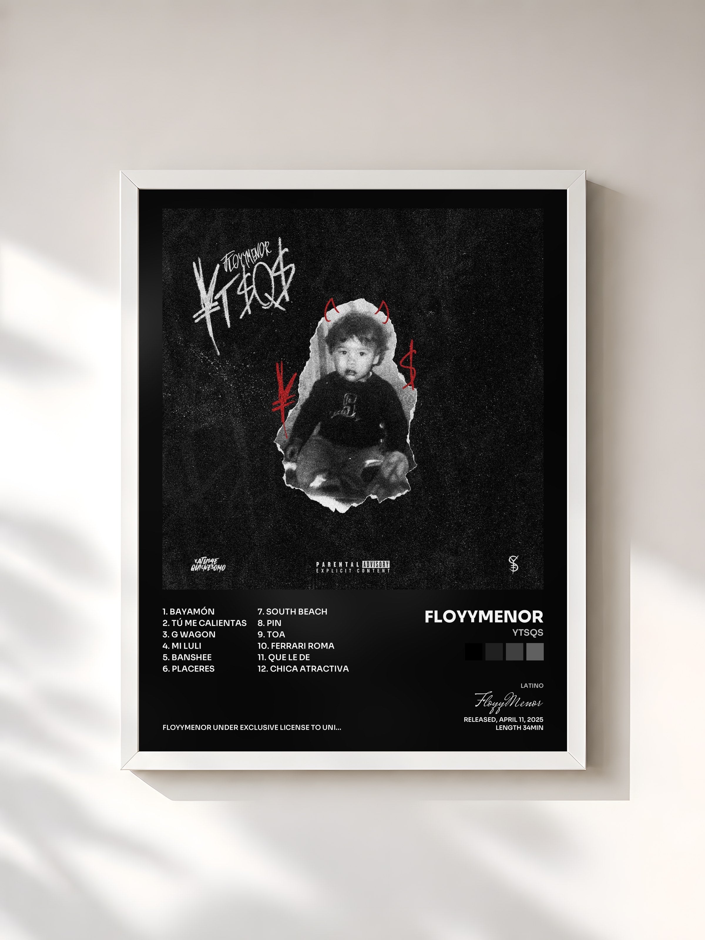 #blanc Tableau de l'album YTSQS de FloyyMenor, cadre blanc, imprimé et encadré en France