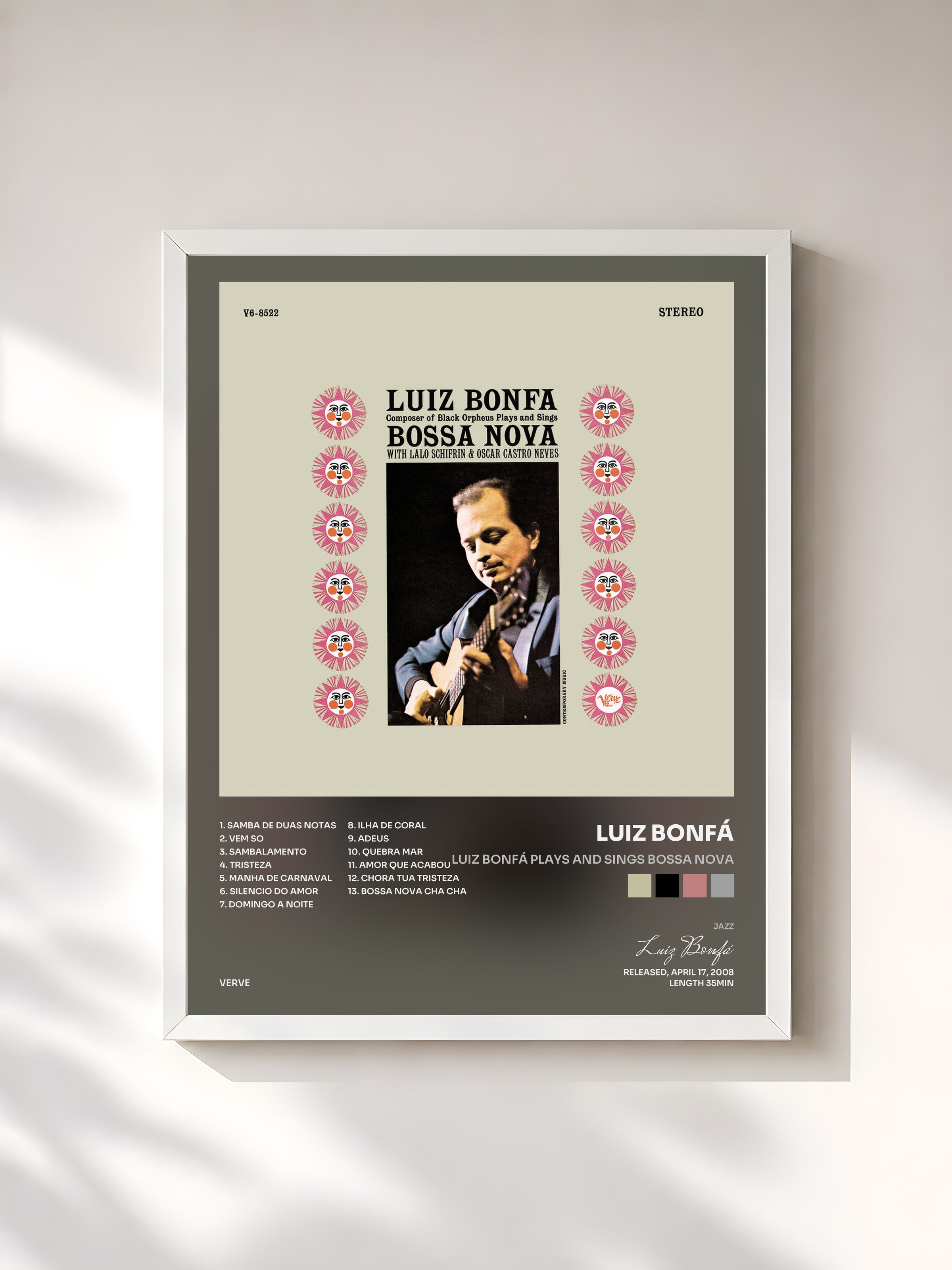#blanc Tableau de l'album Luiz Bonfá Plays And Sings Bossa Nova de Luiz Bonfá, cadre blanc, imprimé et encadré en France