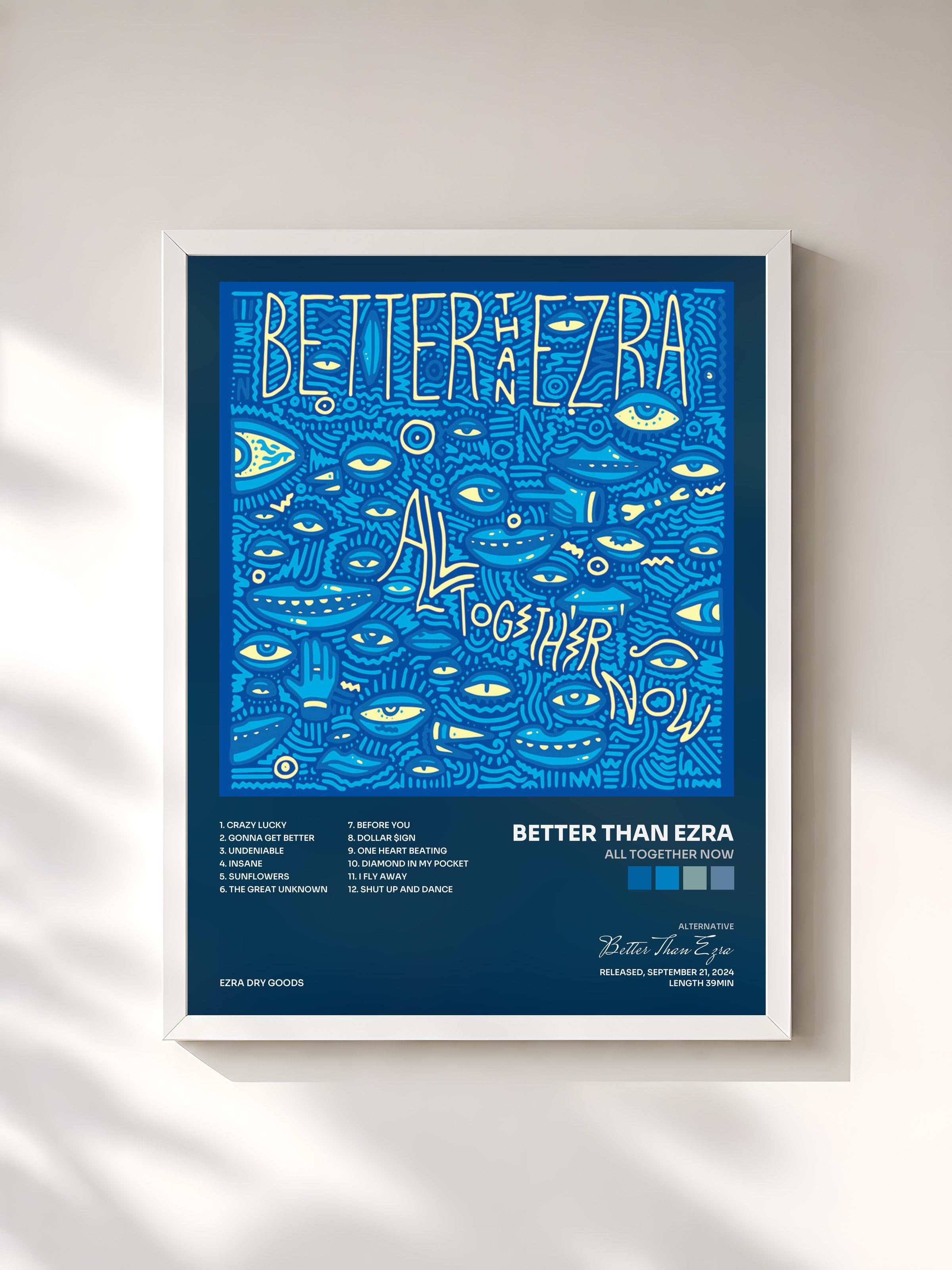#blanc Tableau de l'album All Together Now de Better Than Ezra, cadre blanc, imprimé et encadré en France