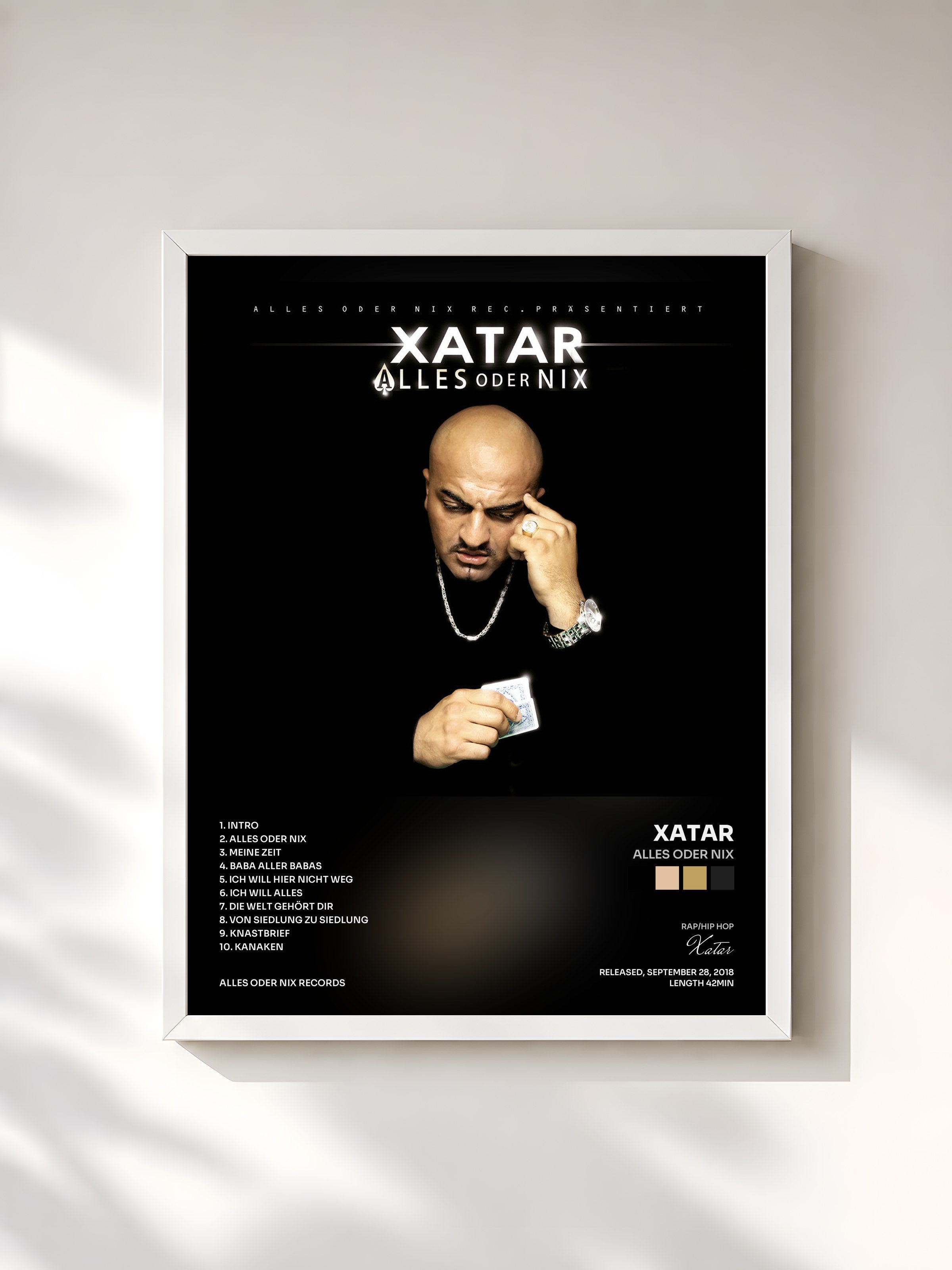 #blanc Tableau de l'album ALLES ODER NIX de Xatar, cadre blanc, imprimé et encadré en France