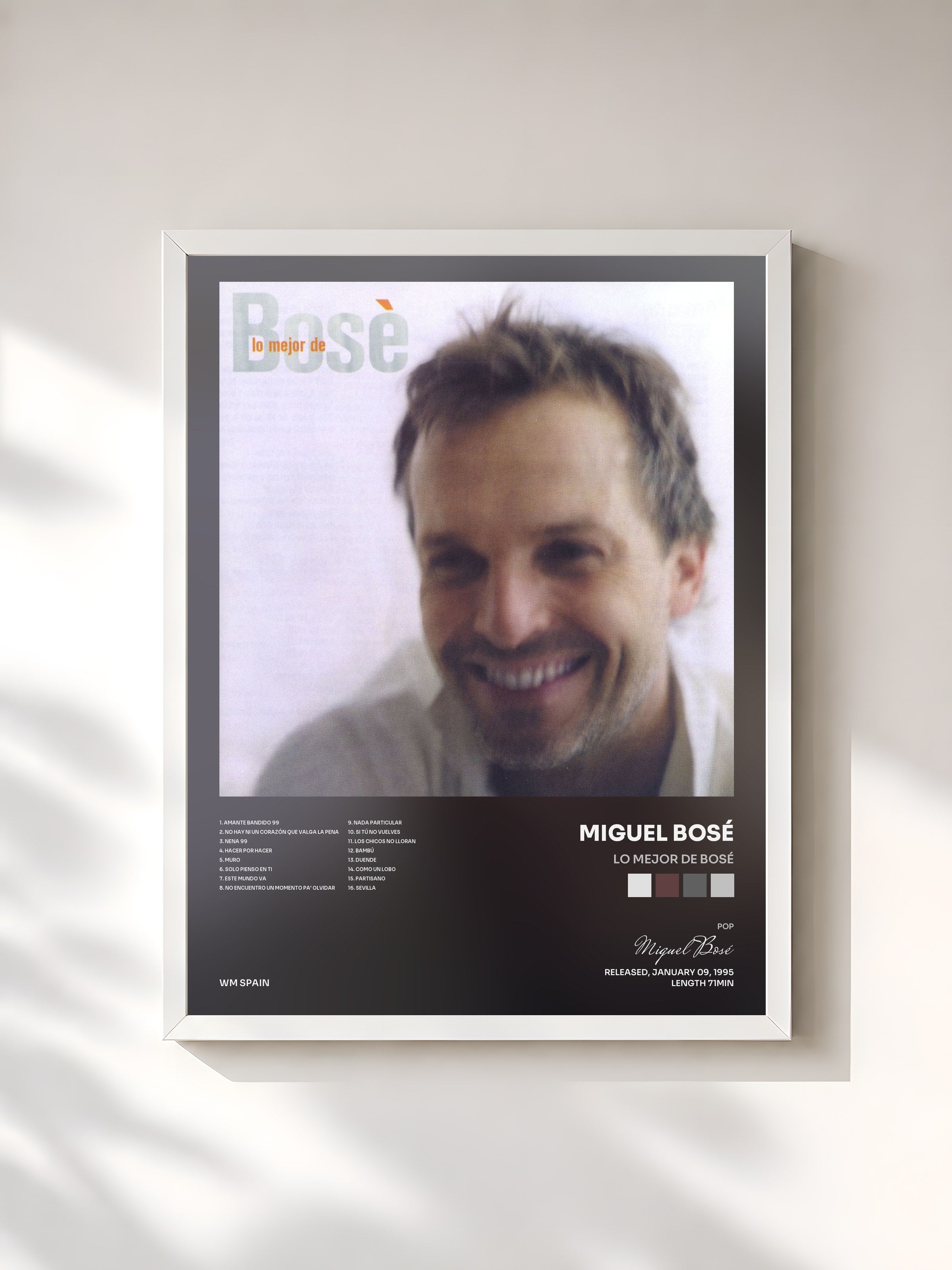 #blanc Tableau de l'album Lo Mejor De Bosé de Miguel Bosé, cadre blanc, imprimé et encadré en France