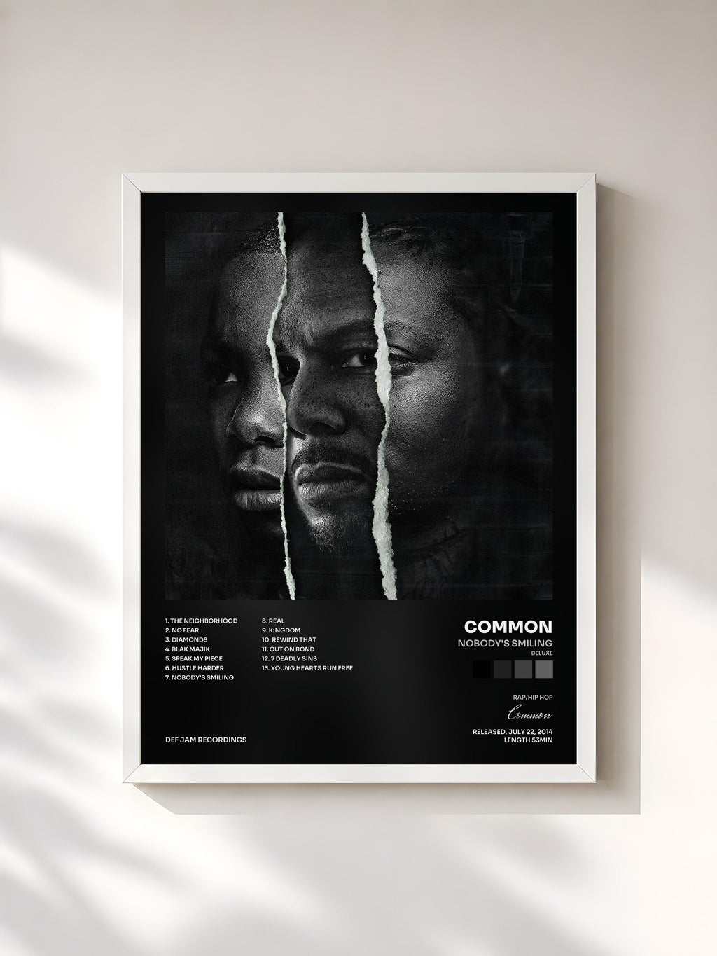 #blanc Nobody's Smiling (Deluxe) by Common as a framed art print, white frame, printed and framed in France