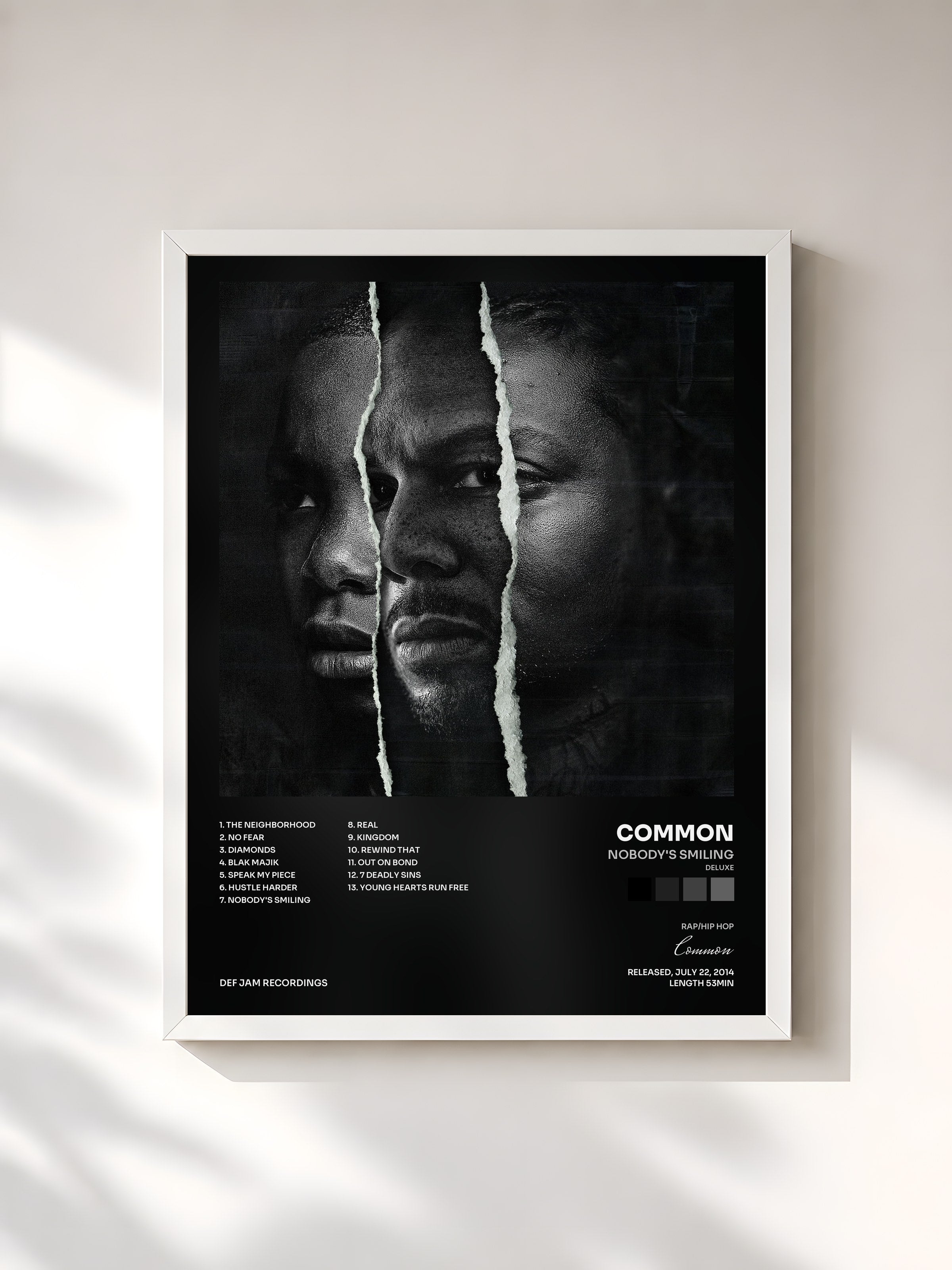 #blanc Tableau de l'album Nobody's Smiling (Deluxe) de Common, cadre blanc, imprimé et encadré en France