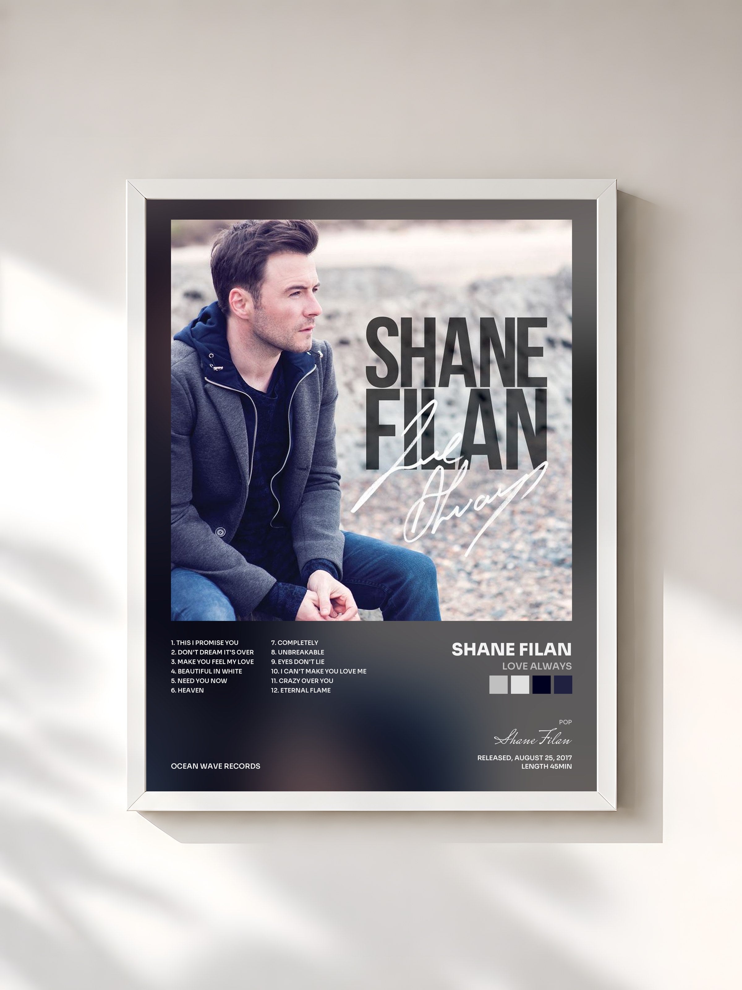 #blanc Tableau de l'album Love Always de Shane Filan, cadre blanc, imprimé et encadré en France