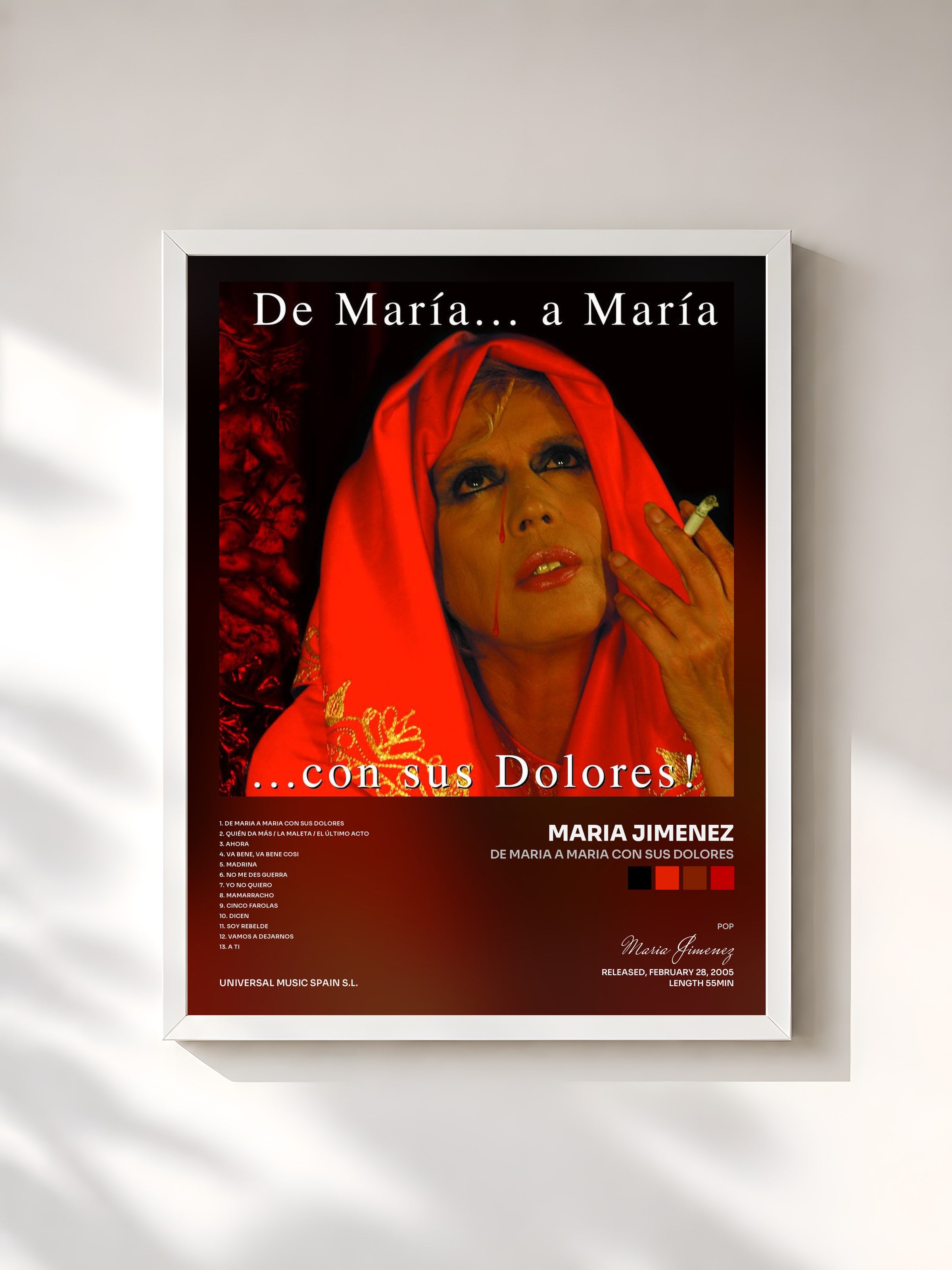 #blanc Tableau de l'album De Maria A Maria Con Sus Dolores de Maria Jimenez, cadre blanc, imprimé et encadré en France