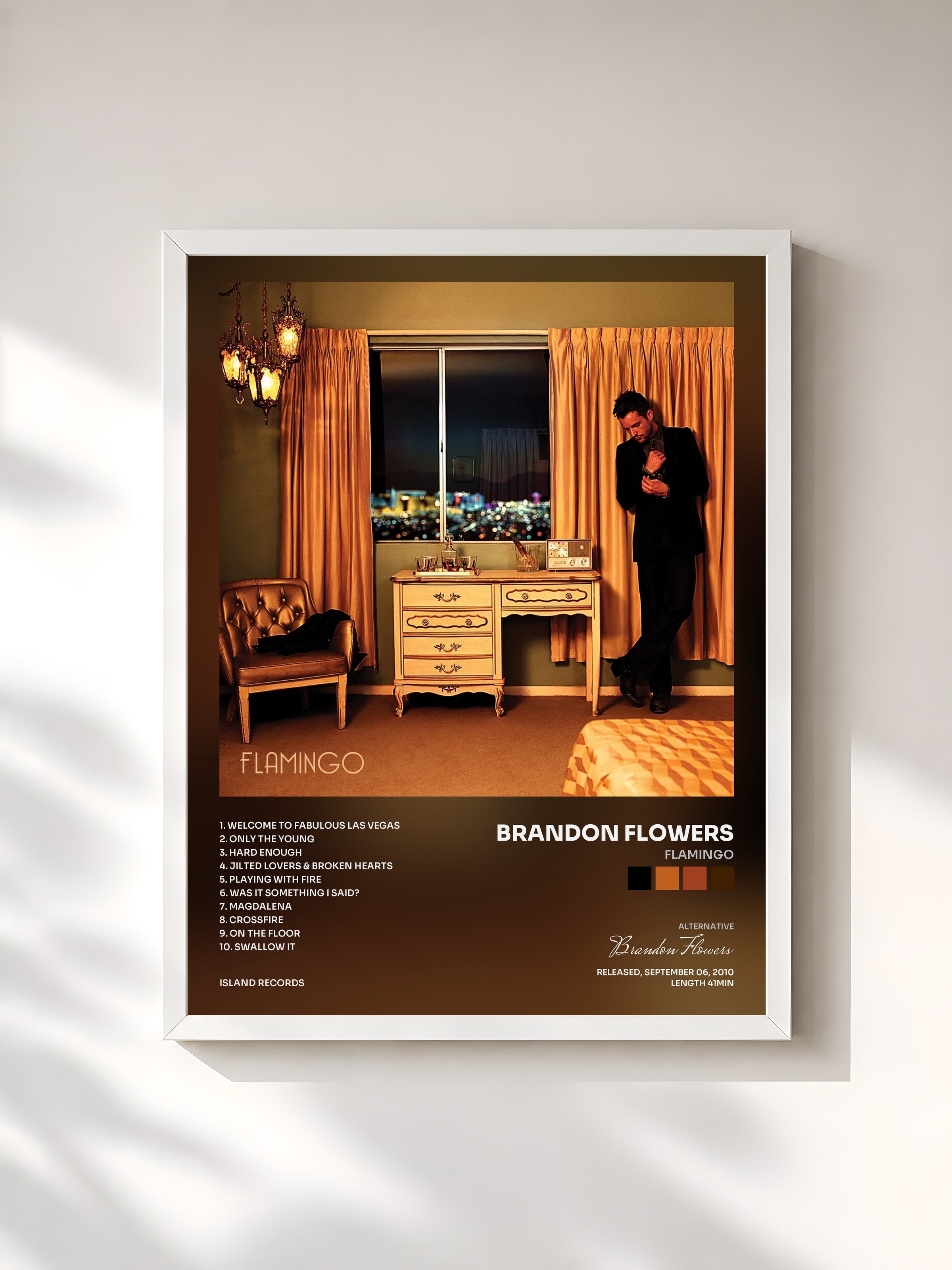 #blanc Tableau de l'album Flamingo de Brandon Flowers, cadre blanc, imprimé et encadré en France