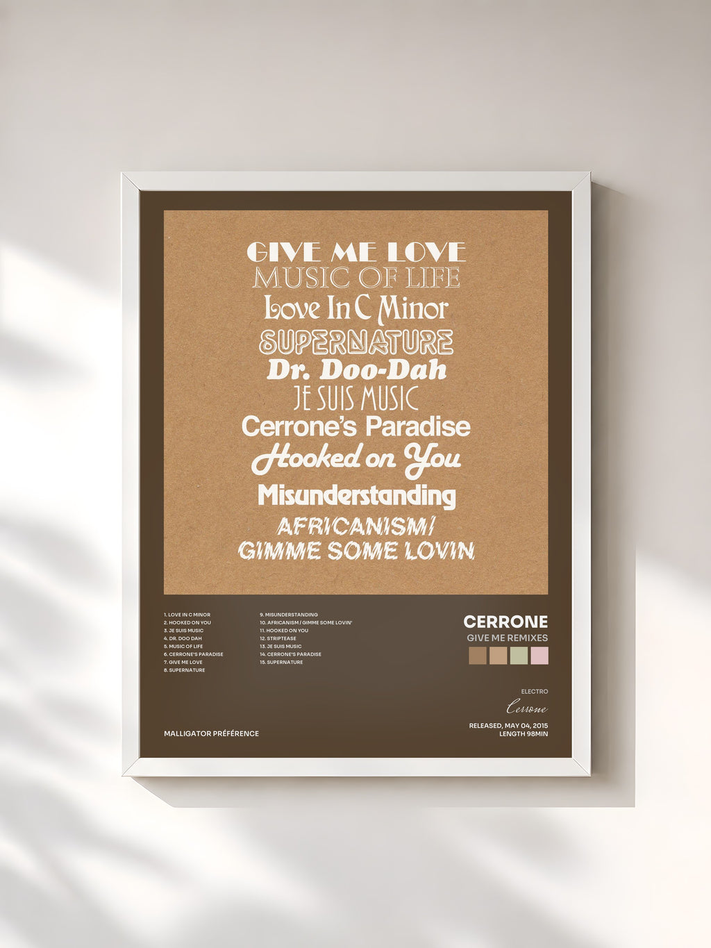 #blanc Tableau de l'album Give Me Remixes de Cerrone, cadre blanc, imprimé et encadré en France