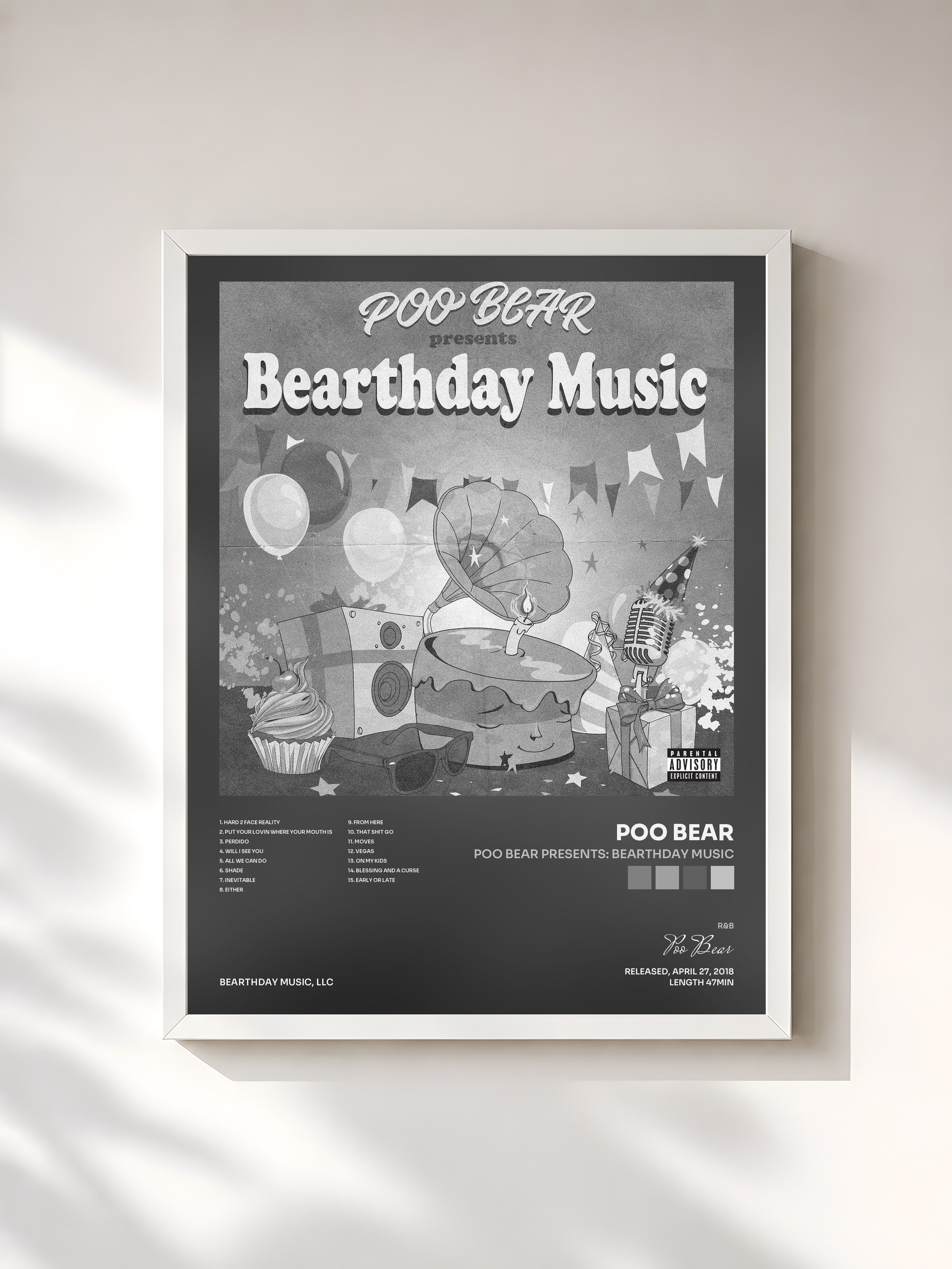 #blanc Tableau de l'album Poo Bear Presents: Bearthday Music de Poo Bear, cadre blanc, imprimé et encadré en France
