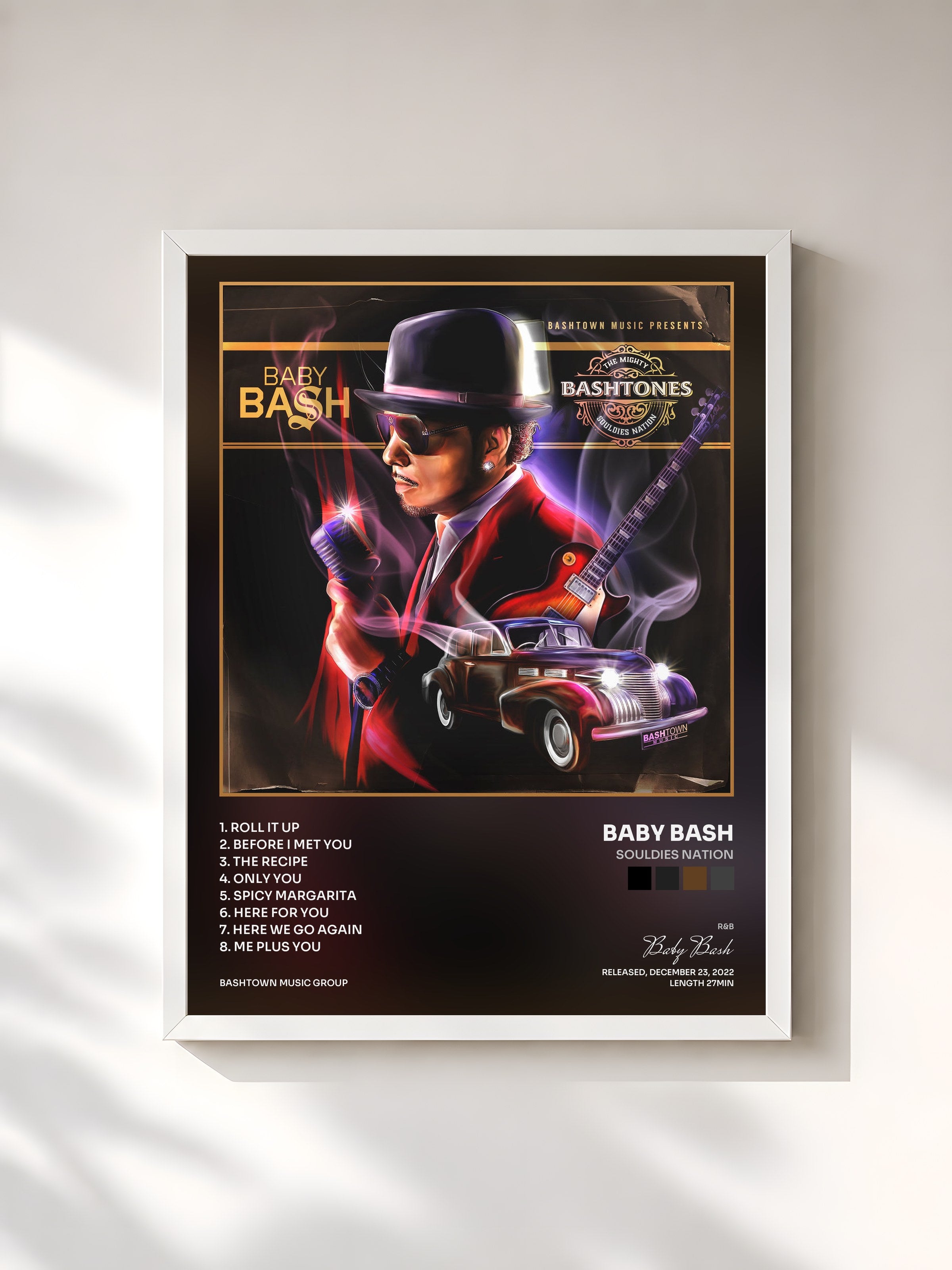 #blanc Tableau de l'album Souldies Nation de Baby Bash, cadre blanc, imprimé et encadré en France
