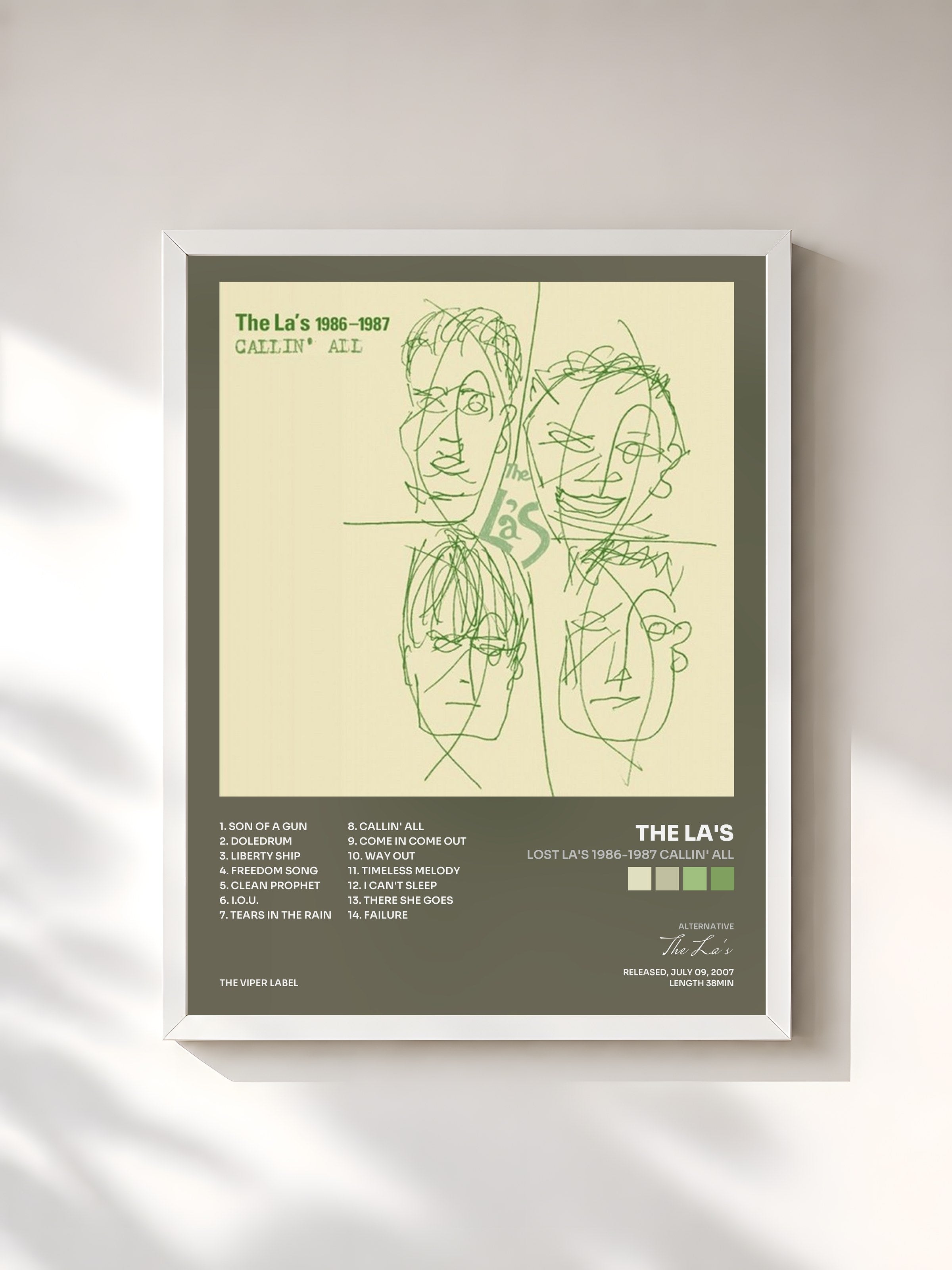 #blanc Tableau de l'album Lost La's 1986-1987 Callin' All de The La's, cadre blanc, imprimé et encadré en France
