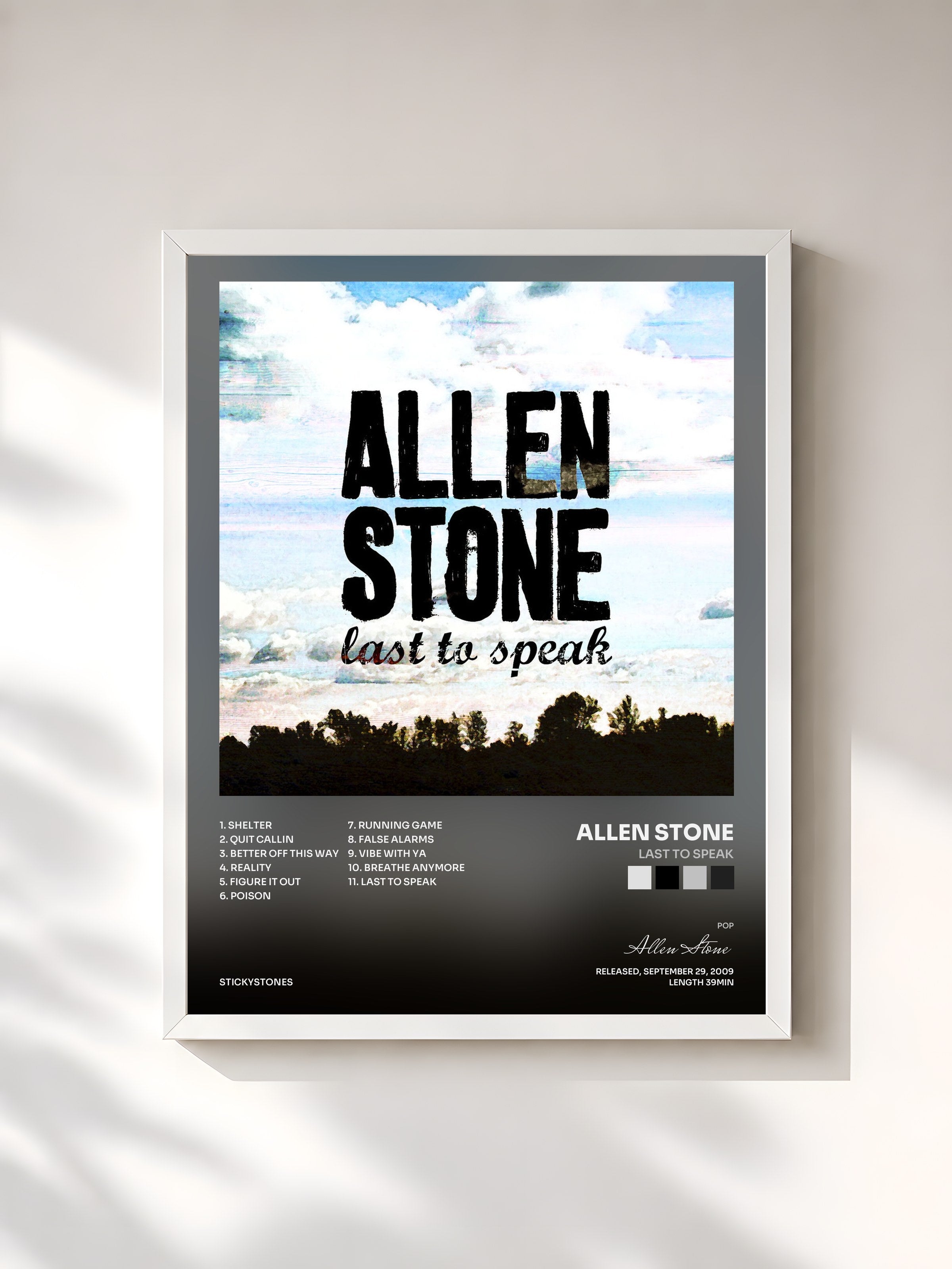 #blanc Tableau de l'album Last to Speak de Allen Stone, cadre blanc, imprimé et encadré en France