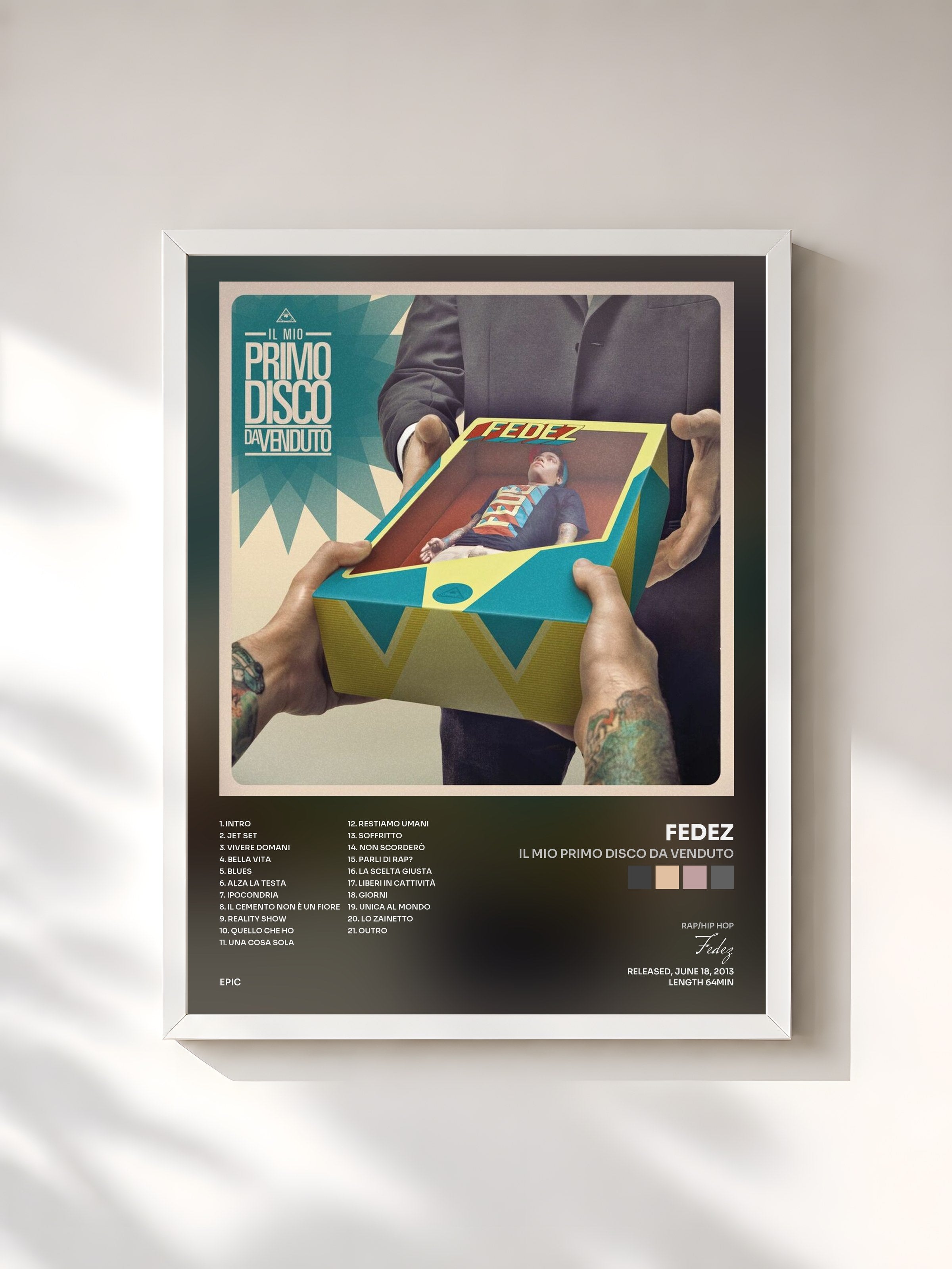 #blanc Tableau de l'album Il mio primo disco da venduto de Fedez, cadre blanc, imprimé et encadré en France