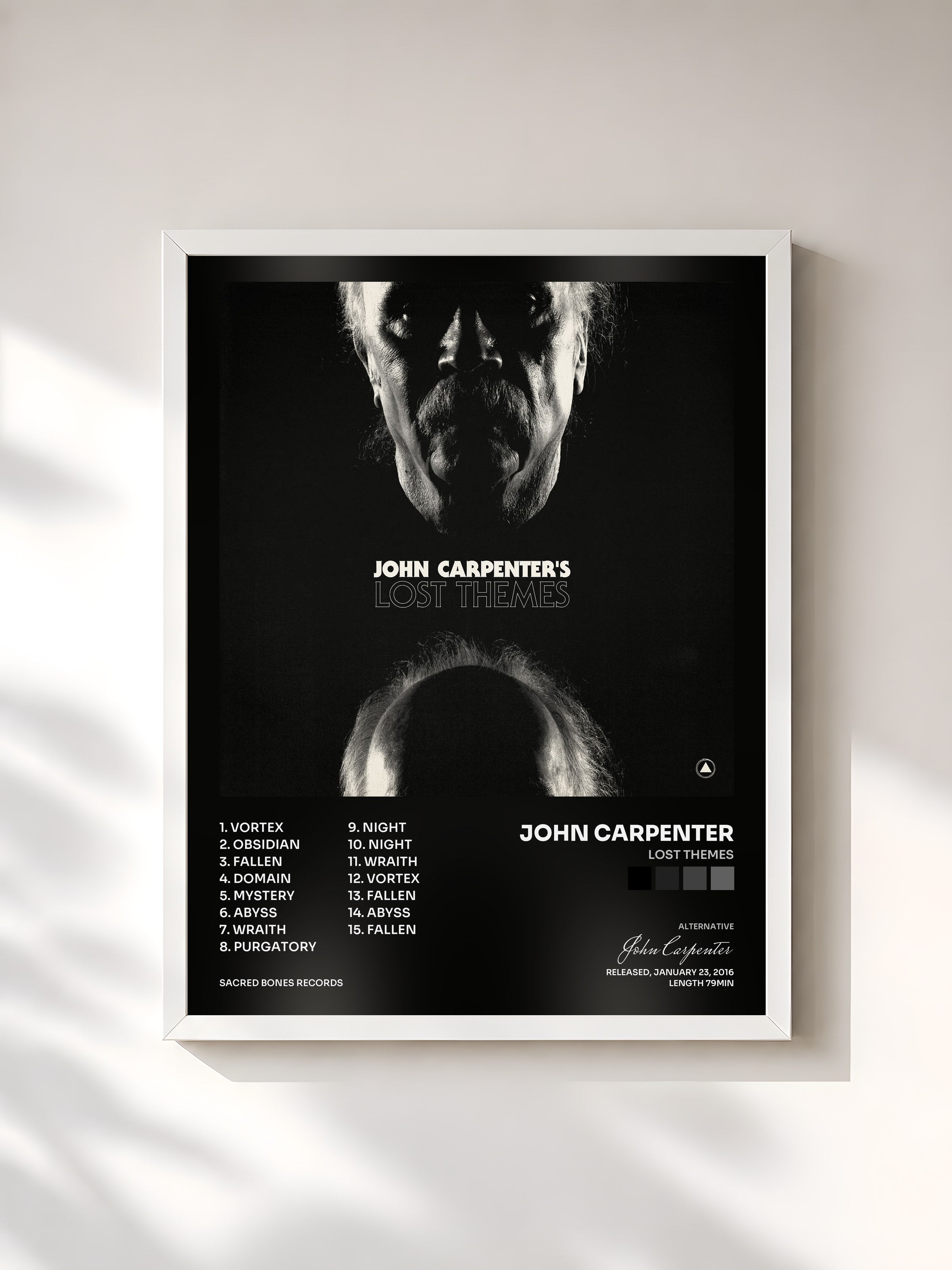 #blanc Tableau de l'album Lost Themes de John Carpenter, cadre blanc, imprimé et encadré en France