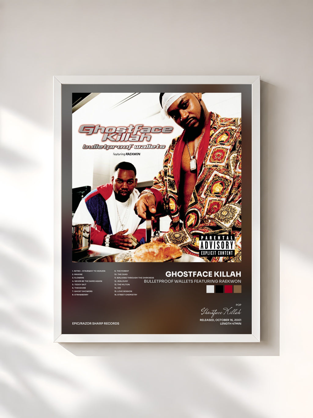 #blanc Tableau de l'album bulletproof wallets featuring raekwon de Ghostface Killah, cadre blanc, imprimé et encadré en France