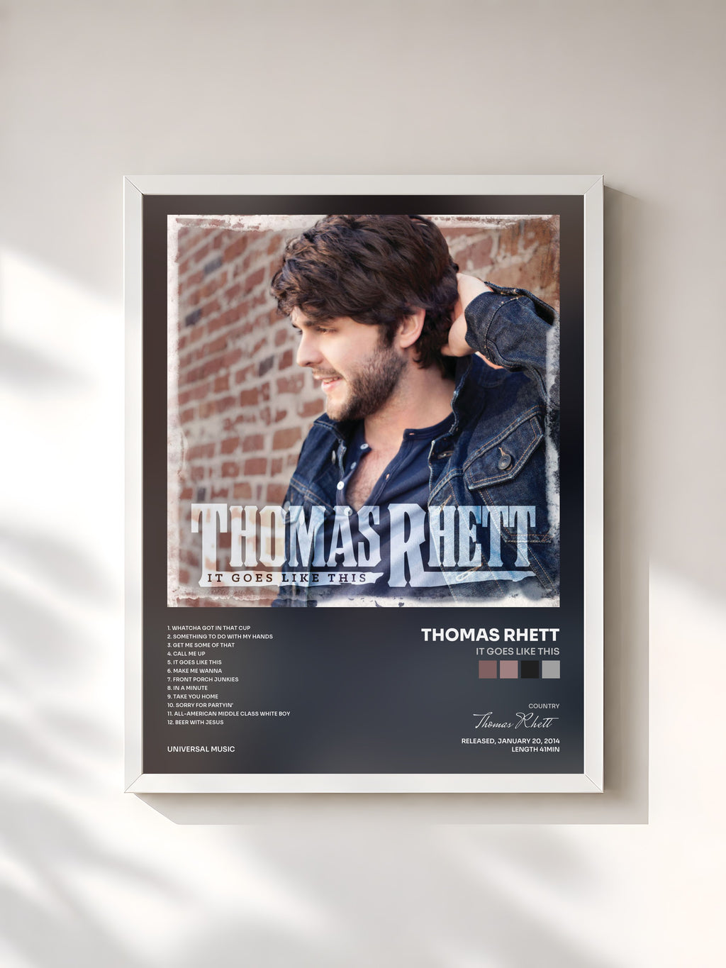 #blanc Tableau de l'album It Goes Like This de Thomas Rhett, cadre blanc, imprimé et encadré en France