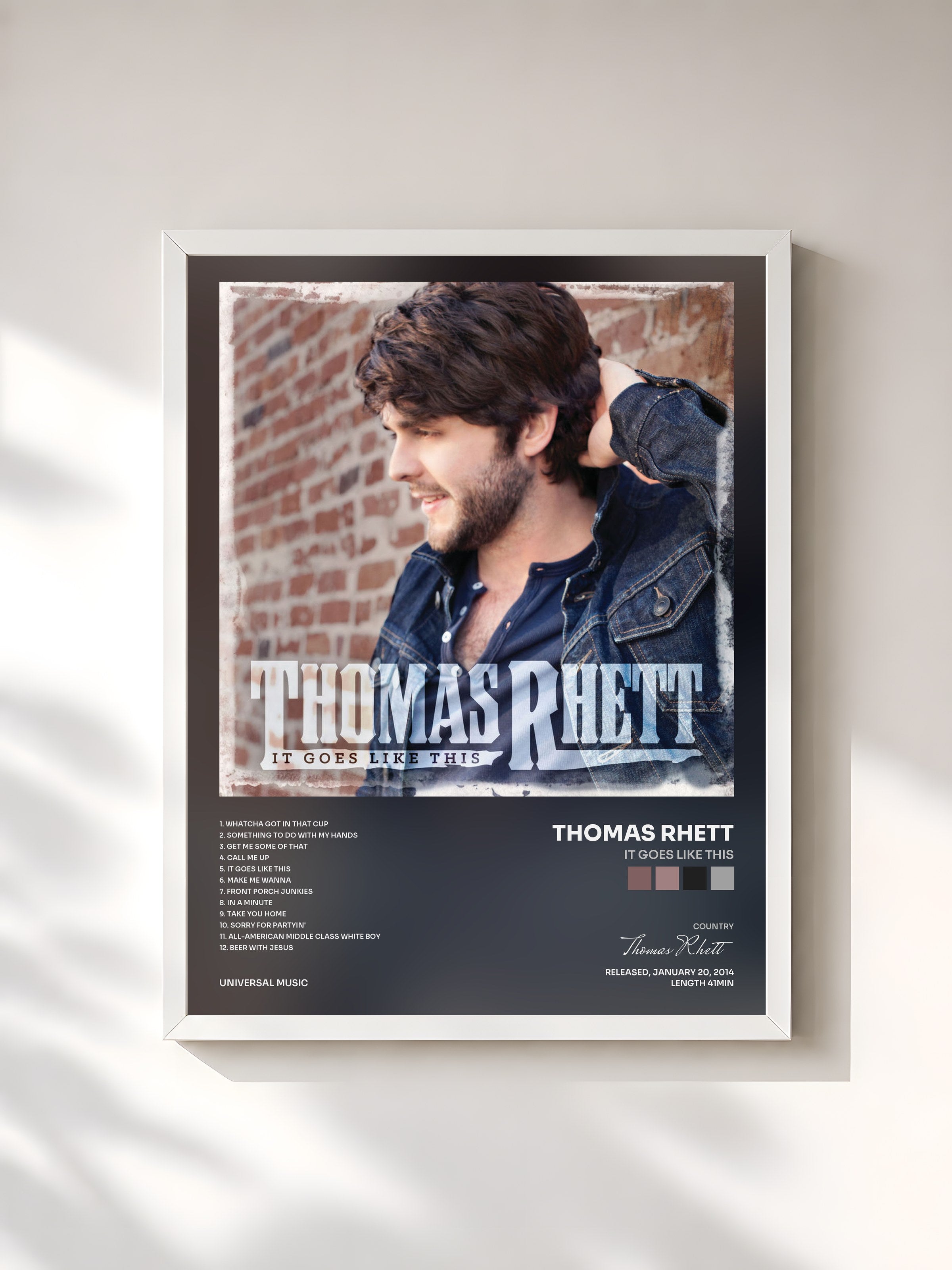 #blanc Tableau de l'album It Goes Like This de Thomas Rhett, cadre blanc, imprimé et encadré en France