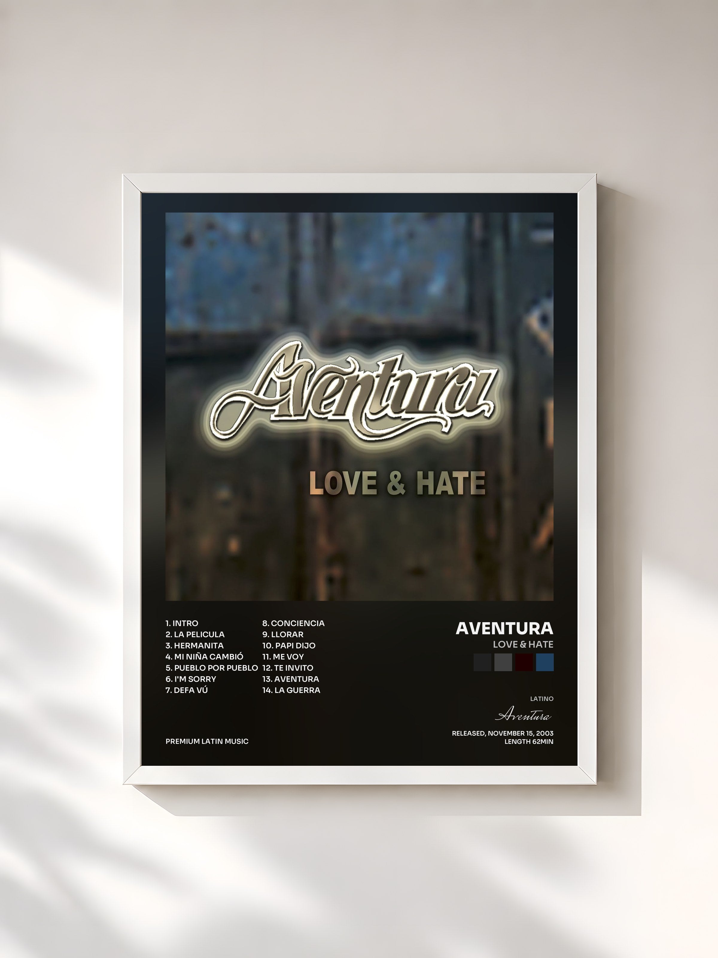 #blanc Tableau de l'album Love & Hate de Aventura, cadre blanc, imprimé et encadré en France