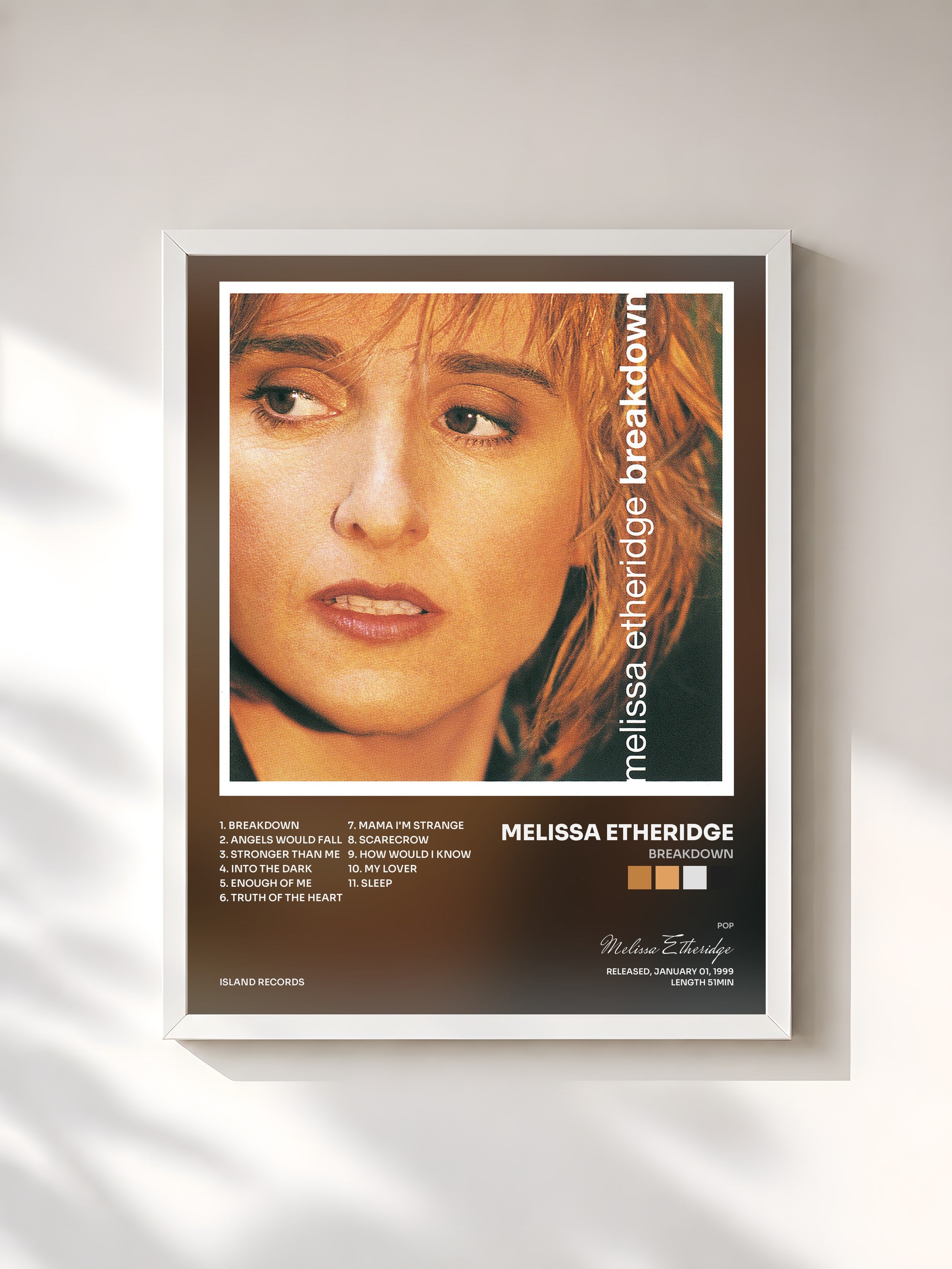 #blanc Tableau de l'album Breakdown de Melissa Etheridge, cadre blanc, imprimé et encadré en France