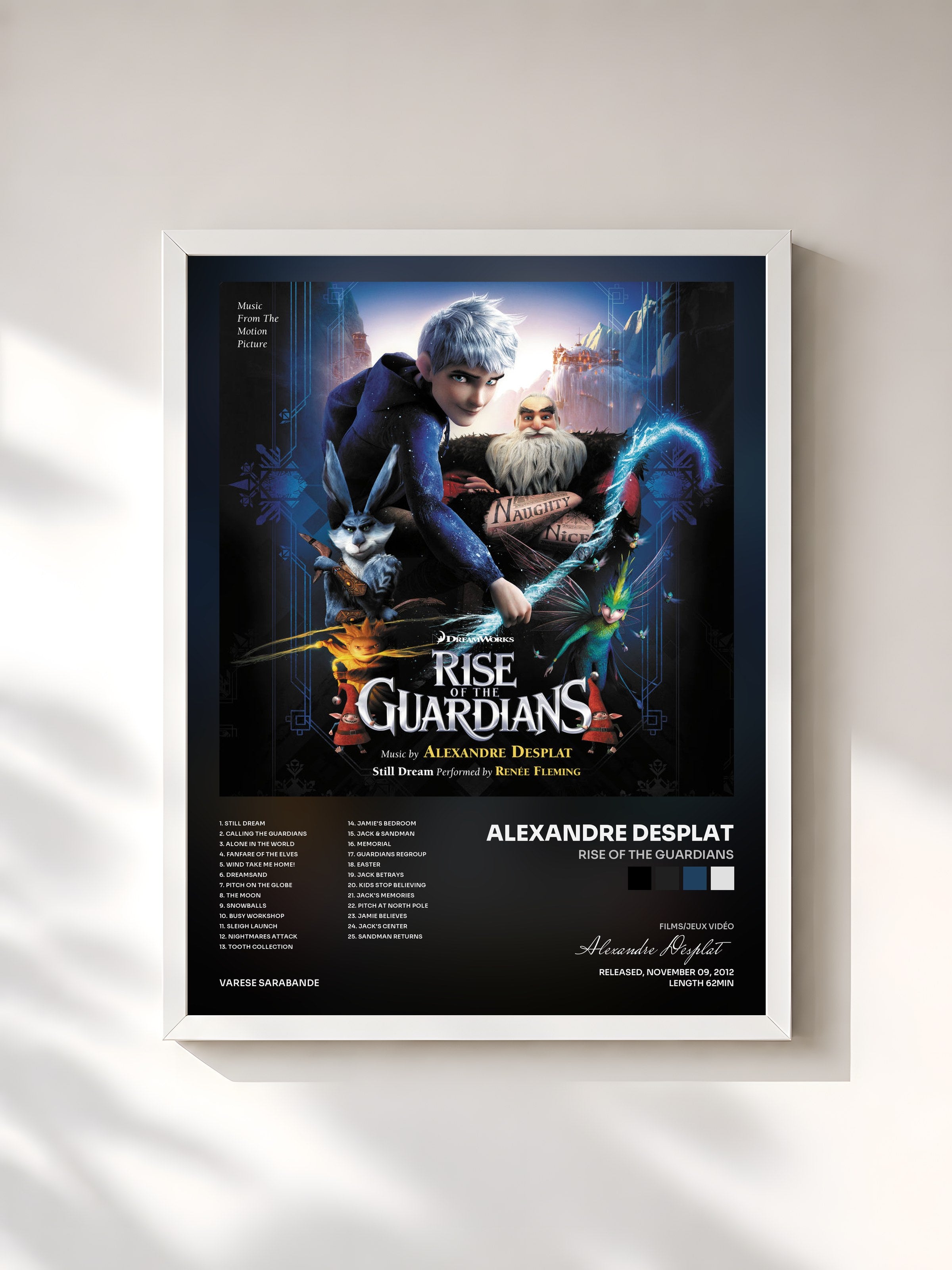#blanc Tableau de l'album Rise Of The Guardians de Alexandre Desplat, cadre blanc, imprimé et encadré en France